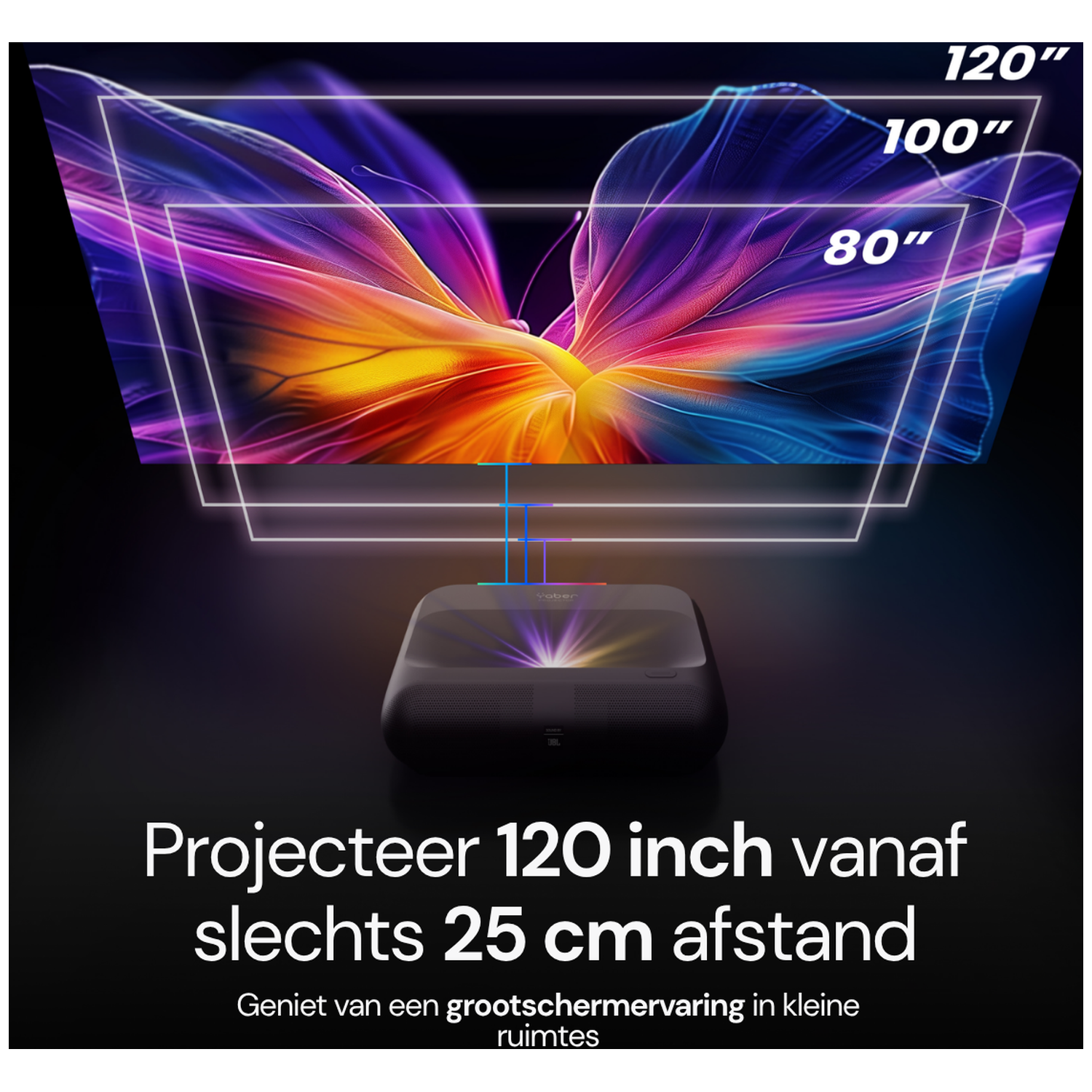 A Yaber projector displays a colorful image, showing 80, 100, 120 inches. Text in Dutch.