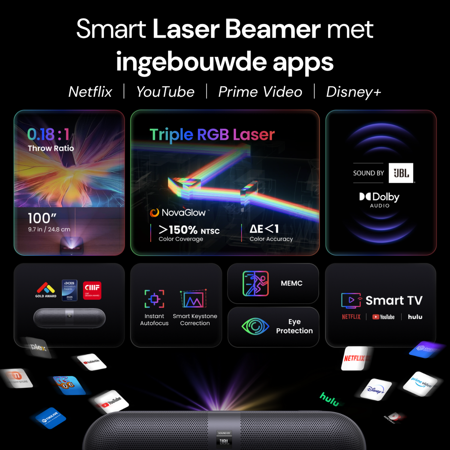 Smart Laser Beamer with apps: 100-inch display, Triple RGB Laser, Dolby Audio, Smart TV.