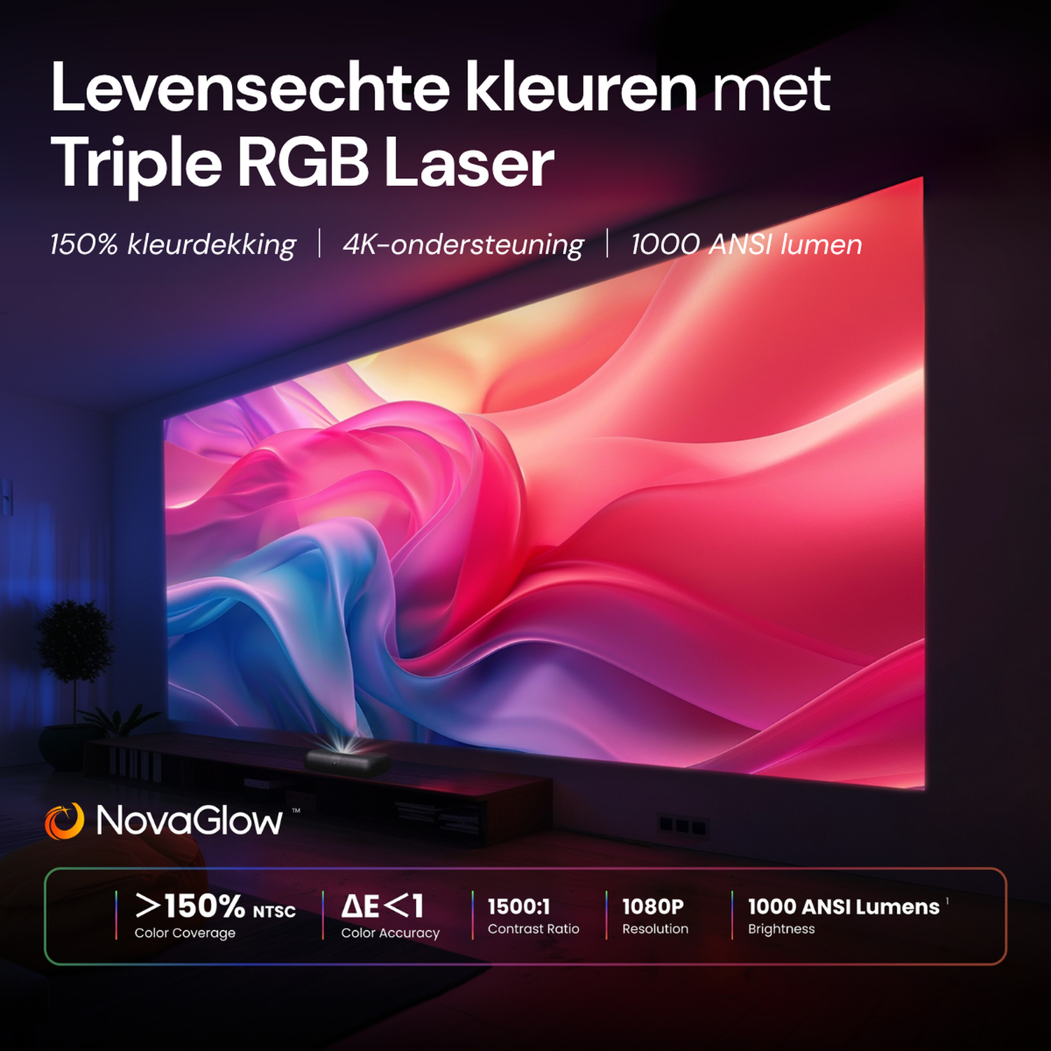 A projector displays a vibrant image of red and blue waves onto a screen.