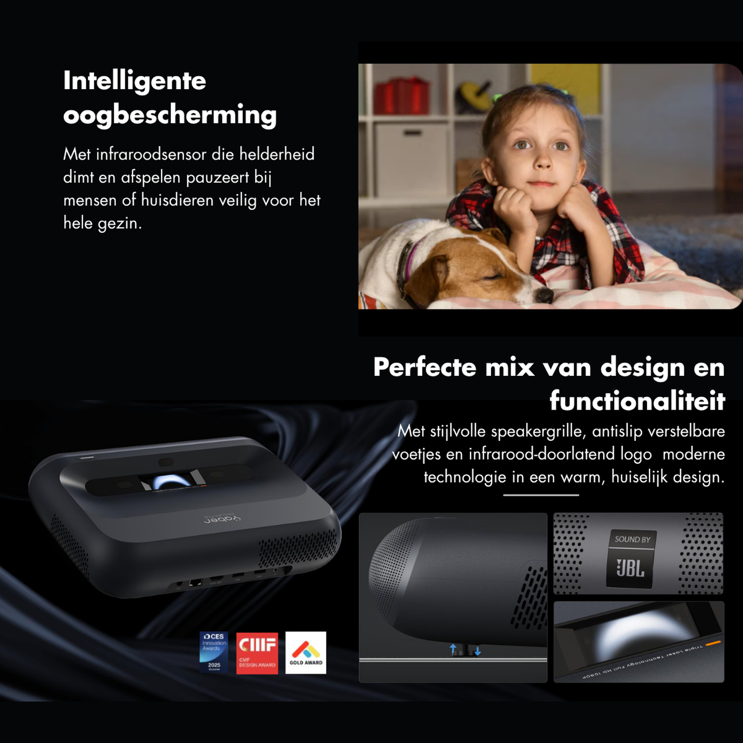 A girl and dog lie on the floor, a projector and its details.