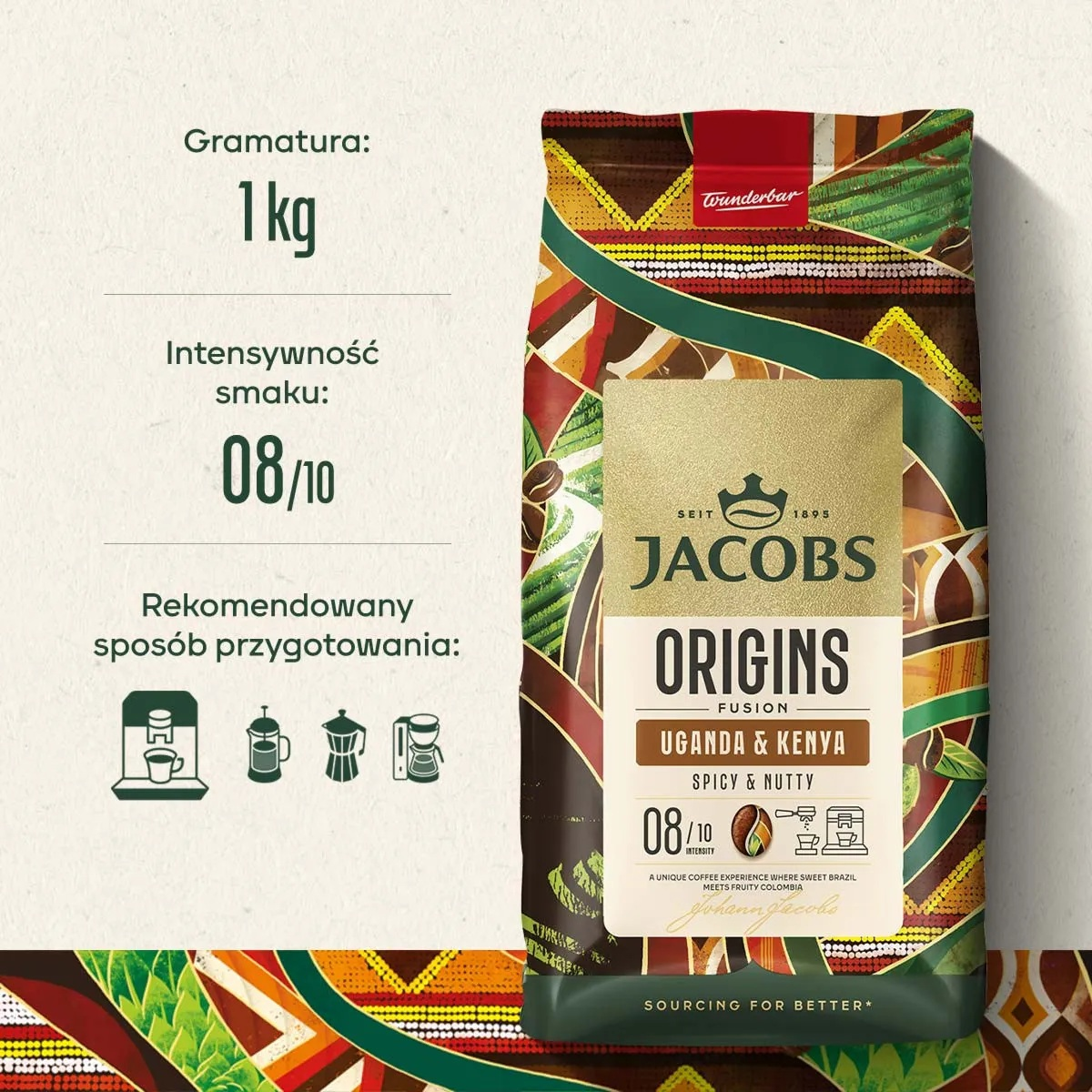 1kg opakowanie kawy Jacobs Origins, mieszanka Uganda & Kenia, pikantna i orzechowa.