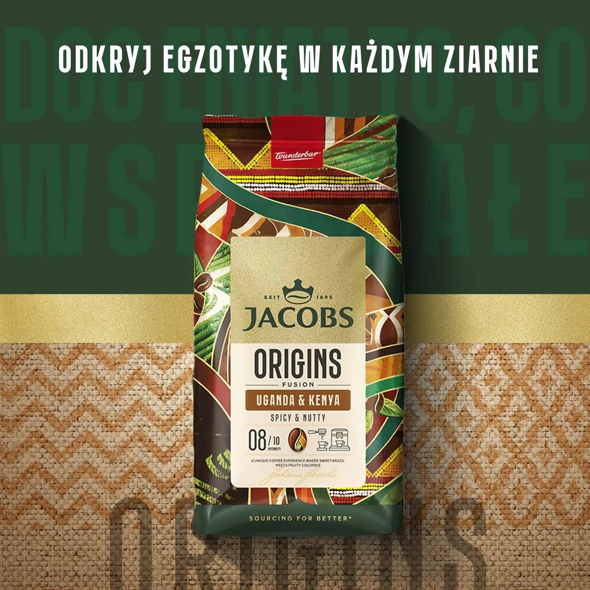 Torebka kawy Jacobs Origins Uganda & Kenia, o pikantnym i orzechowym smaku.