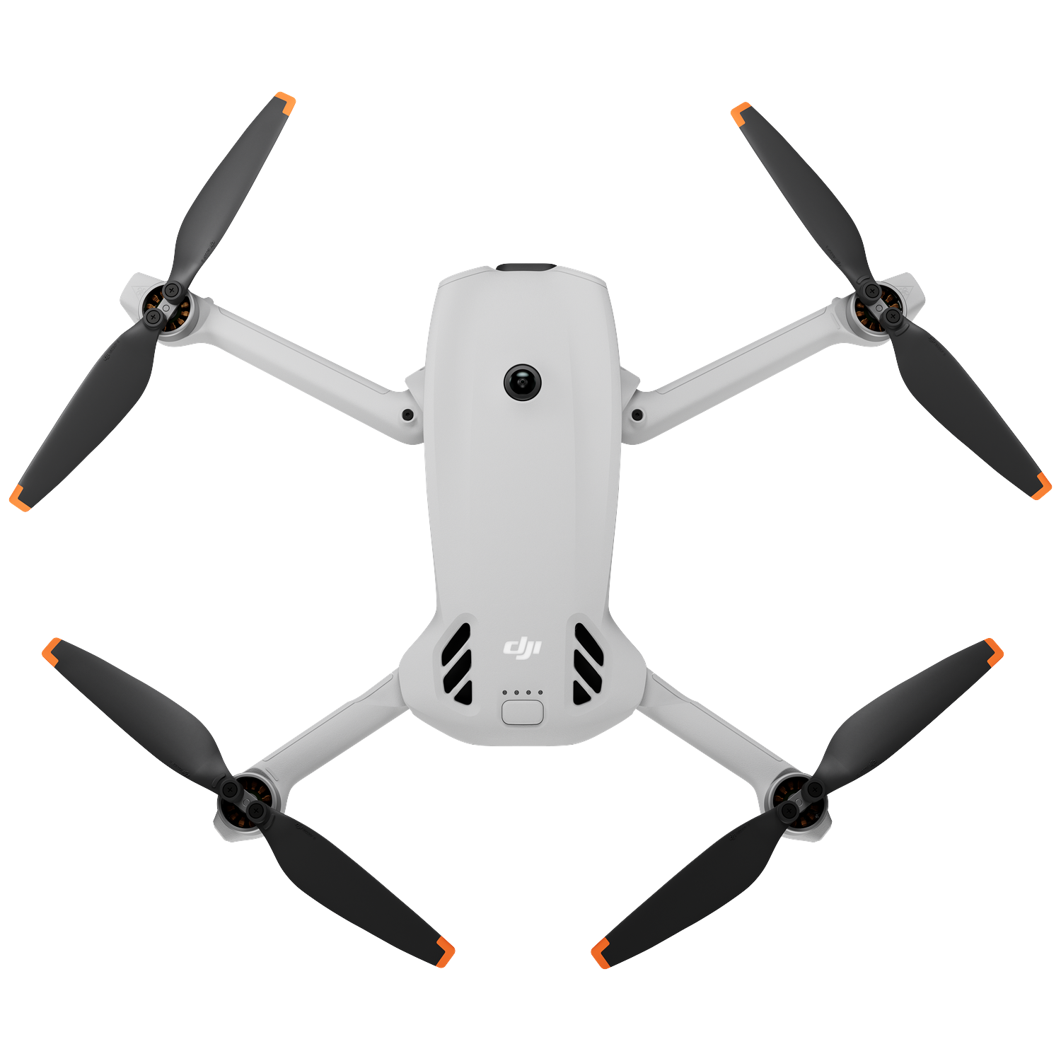 A white drone with four black propellers with orange tips, viewed from above.