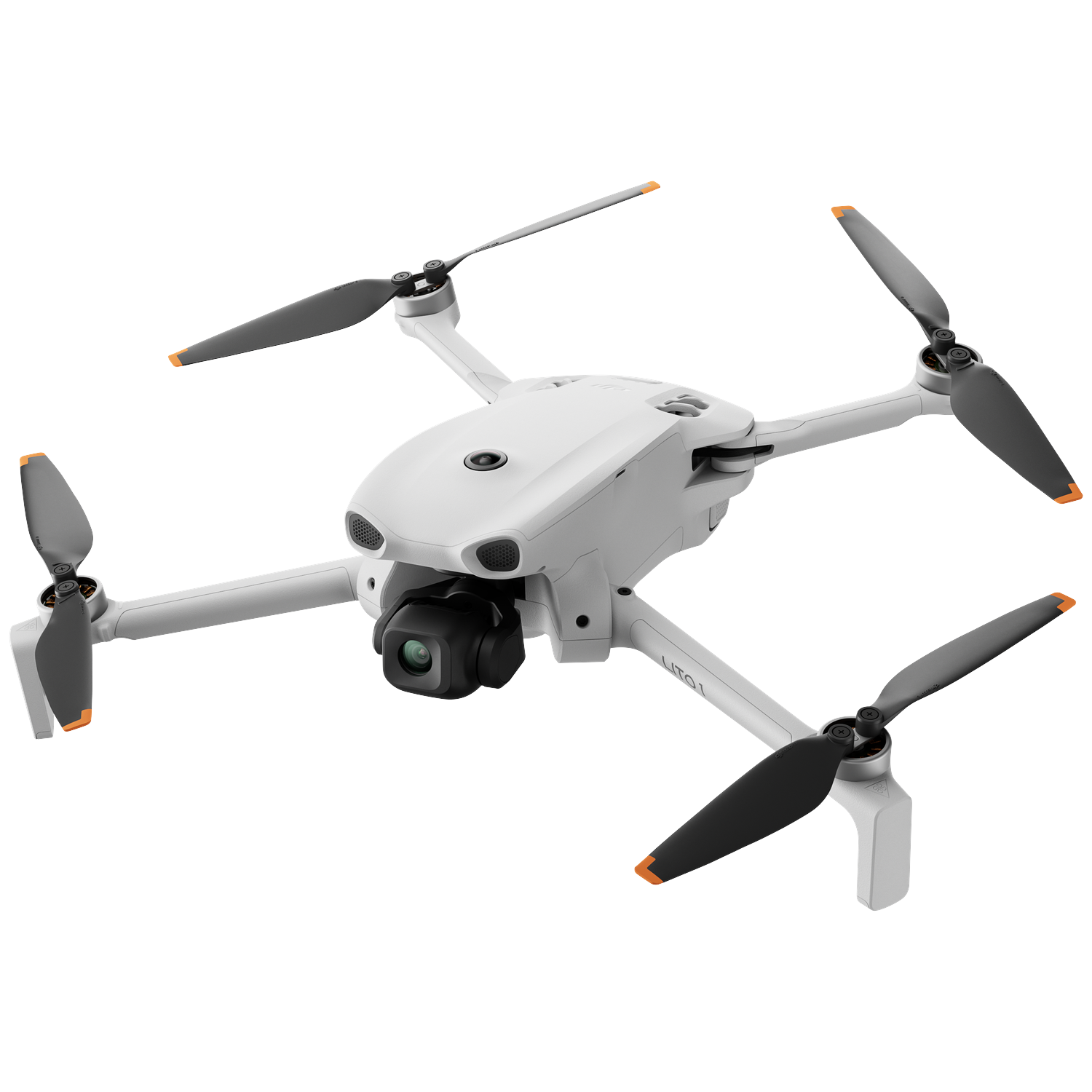 A white drone model with four propellers and a camera.