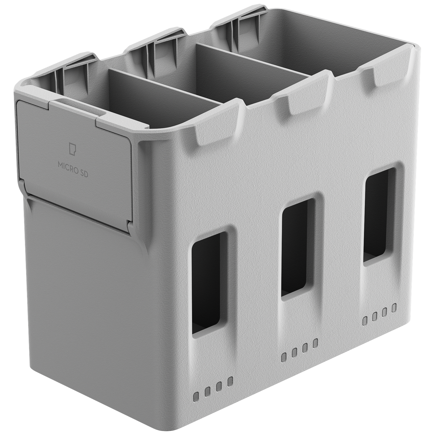 A gray box with four compartments and three rectangular openings on the side.