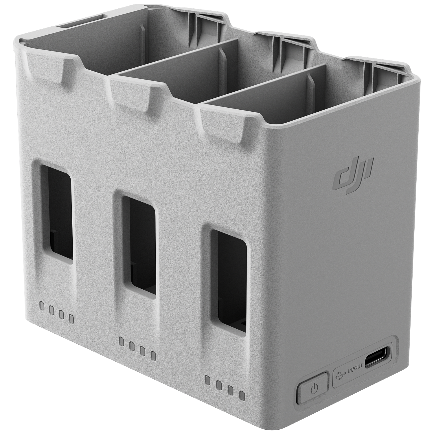 Gray battery hub with three slots and charging indicators.