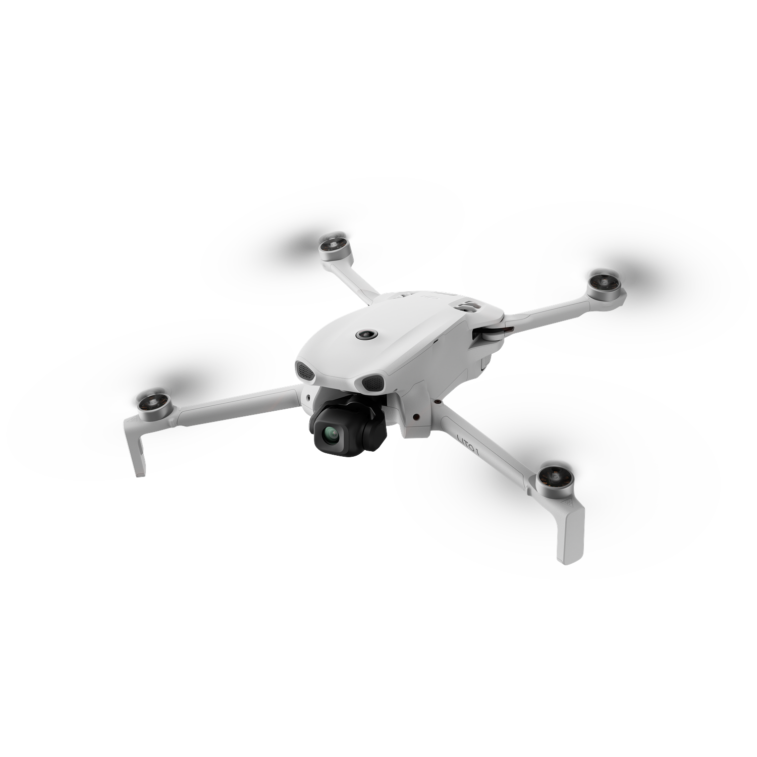 A white DJI Mini 3 Pro drone with a camera and four propellers.