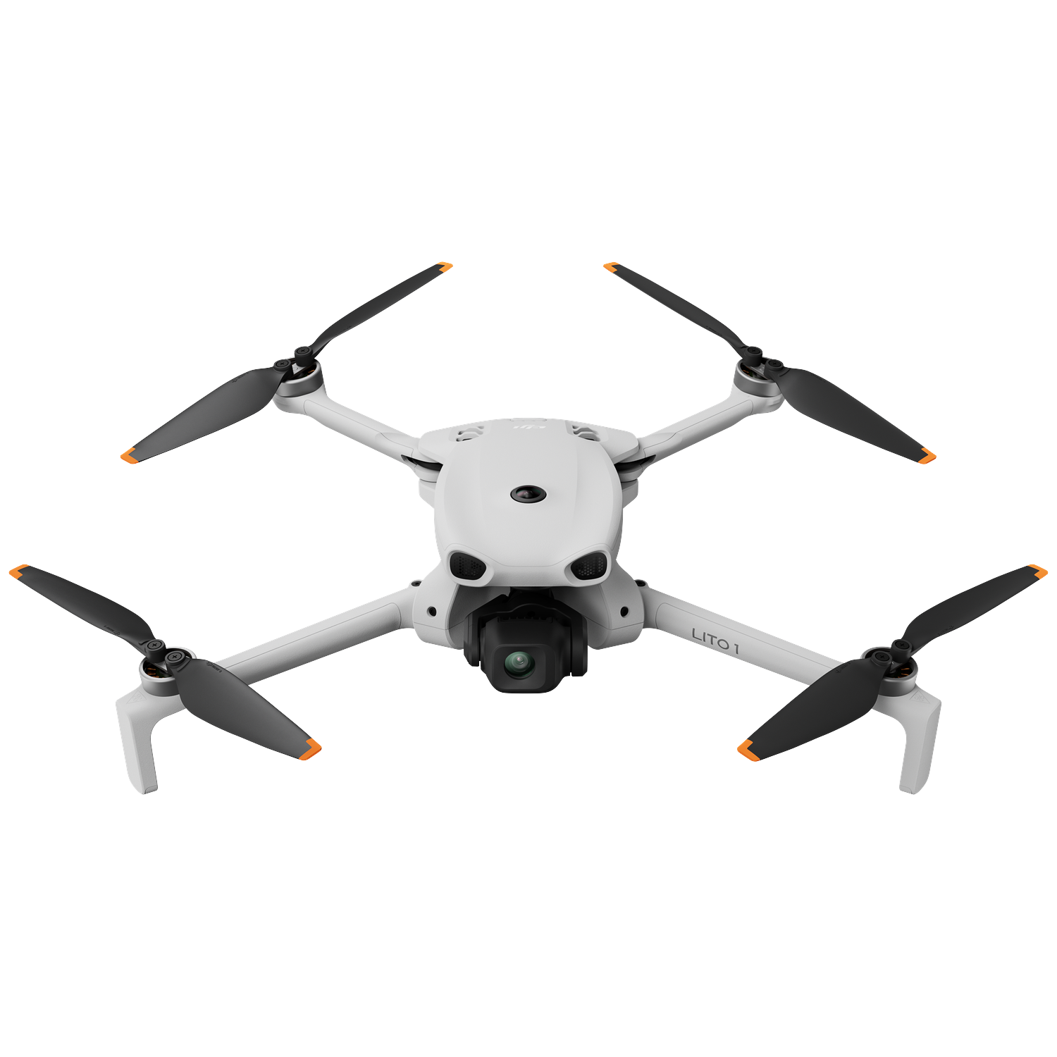 A white mini drone with black propellers and orange tips, isolated on white.