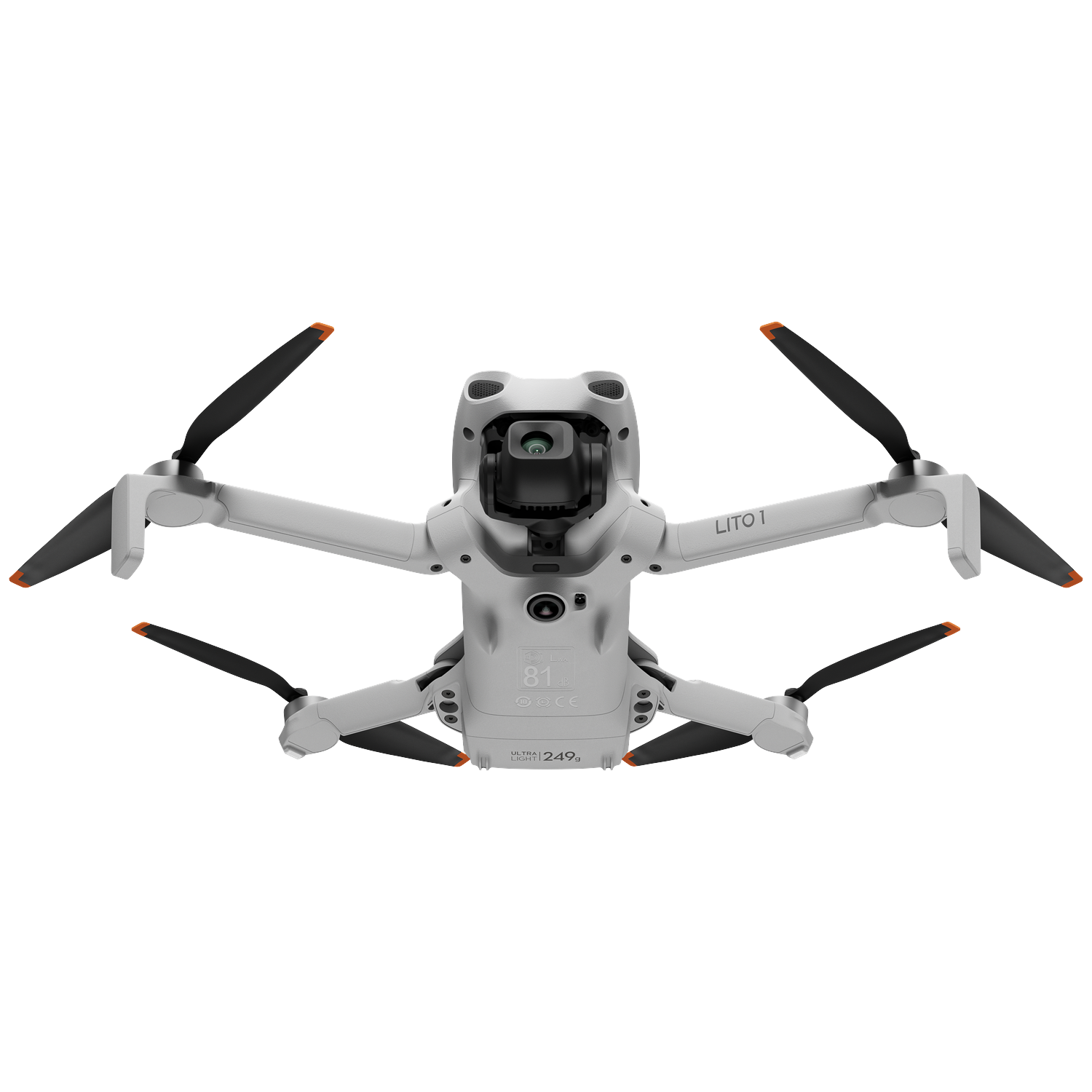 A white drone with black propellers and orange tips, viewed from above.