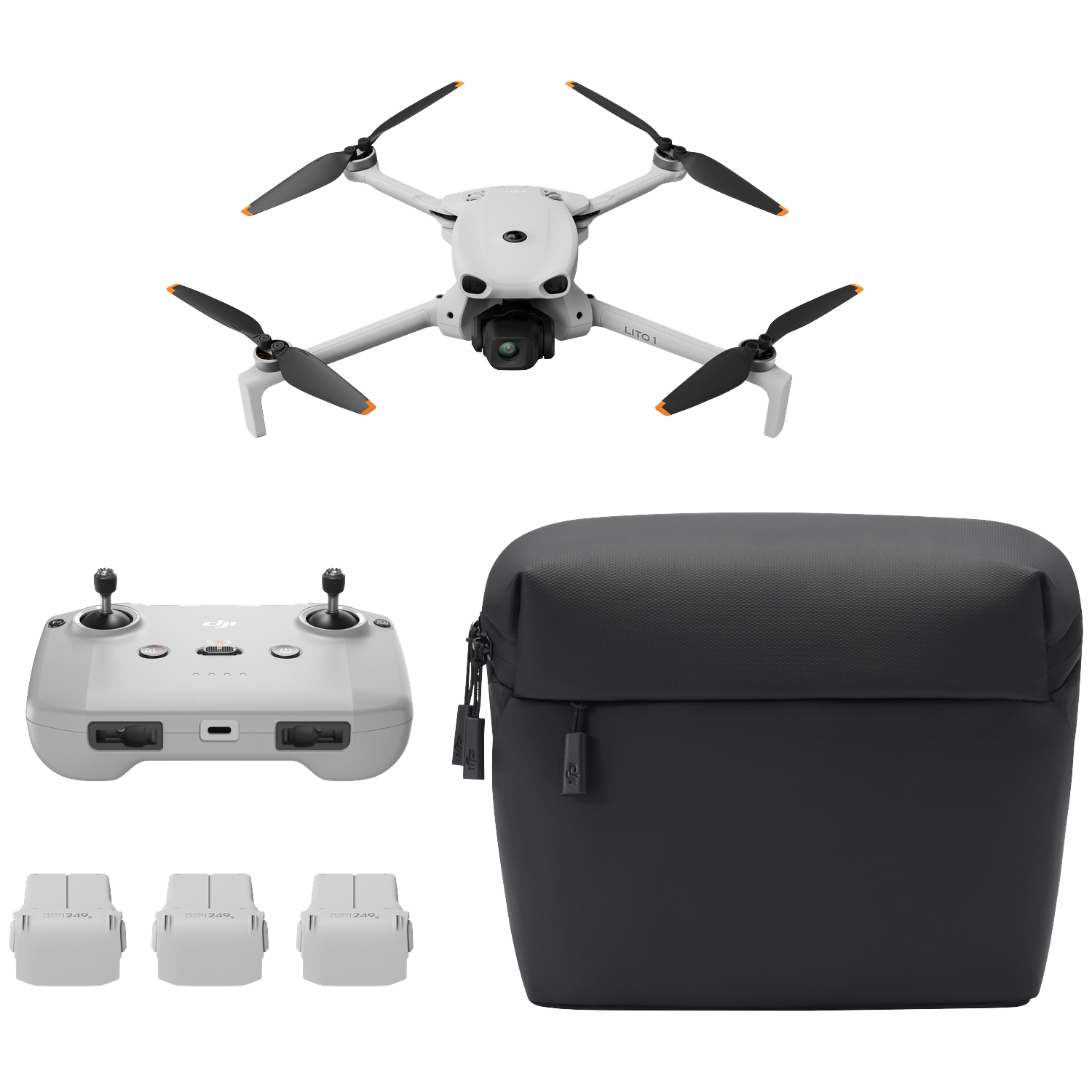Witte drone met controller, tas en drie batterijen op zwarte achtergrond.