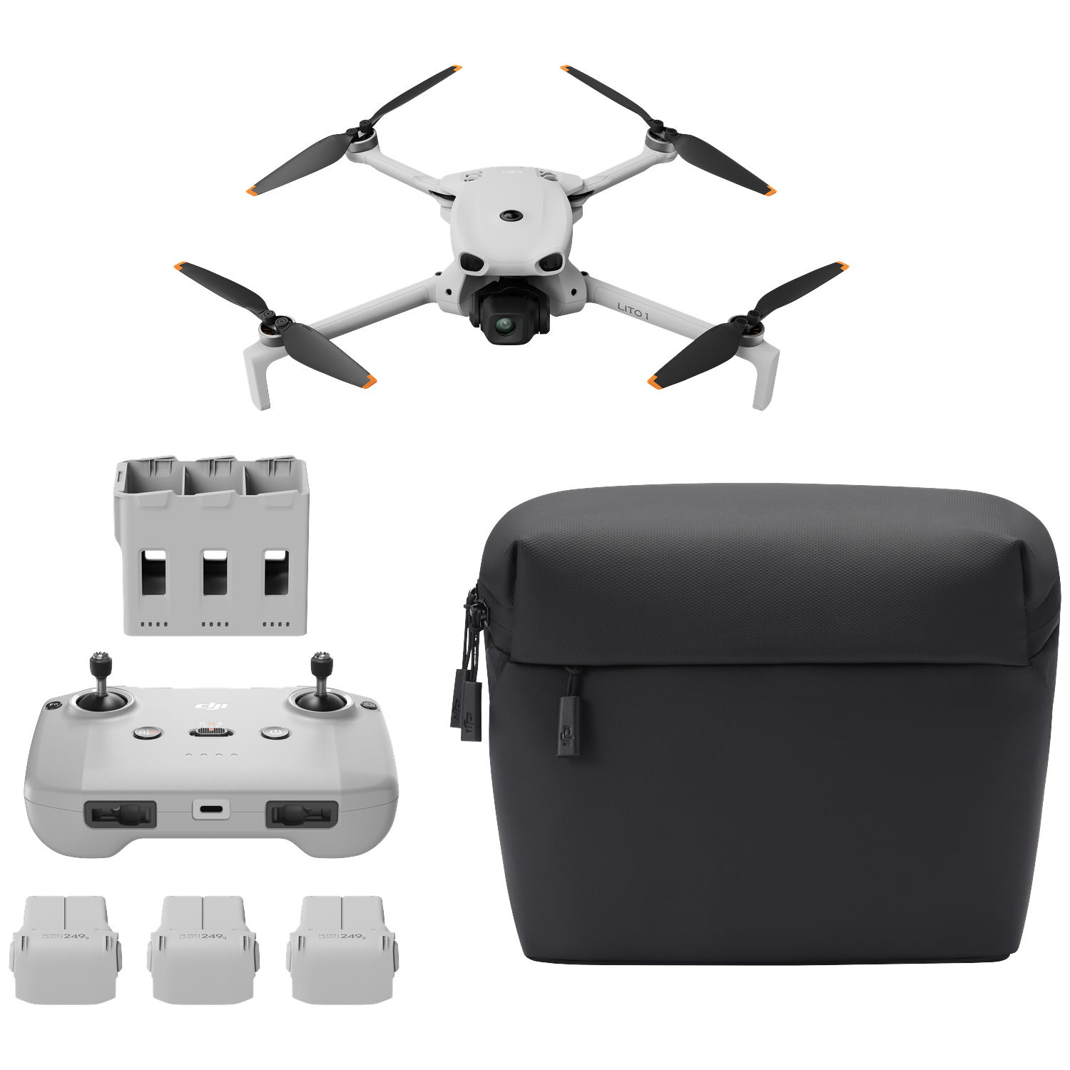 White drone with black propellers, remote, battery hub, three batteries, and black case.