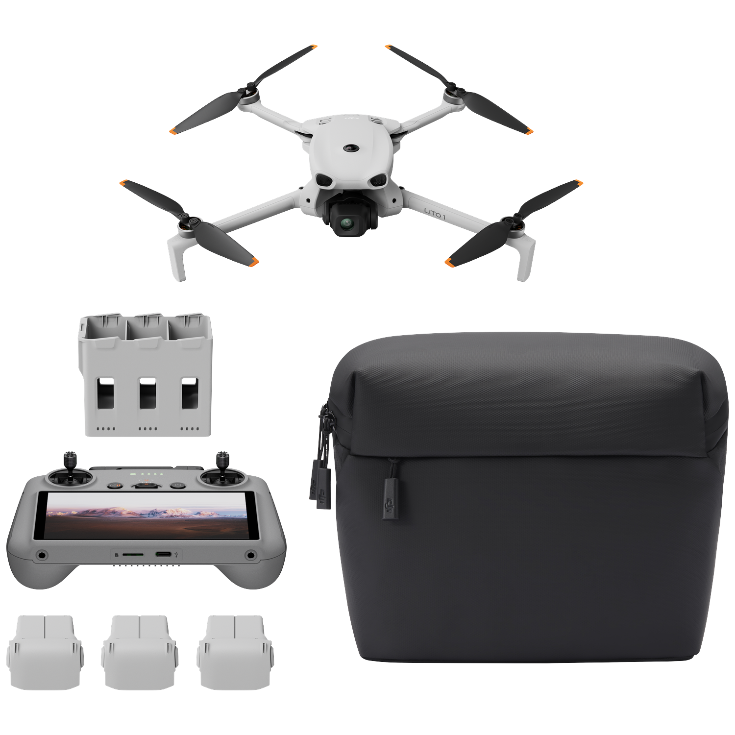 A white drone kit including a remote controller, batteries, charger, and bag.