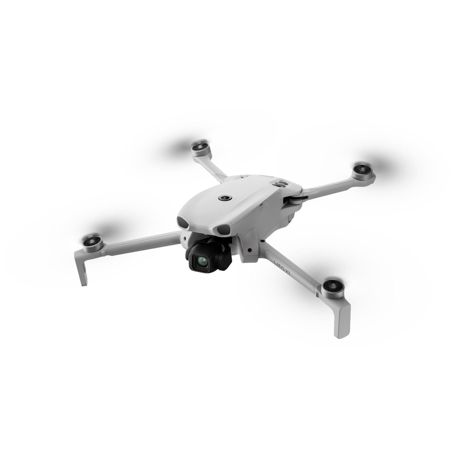 A white drone with four rotors and a camera hovers against a white background.