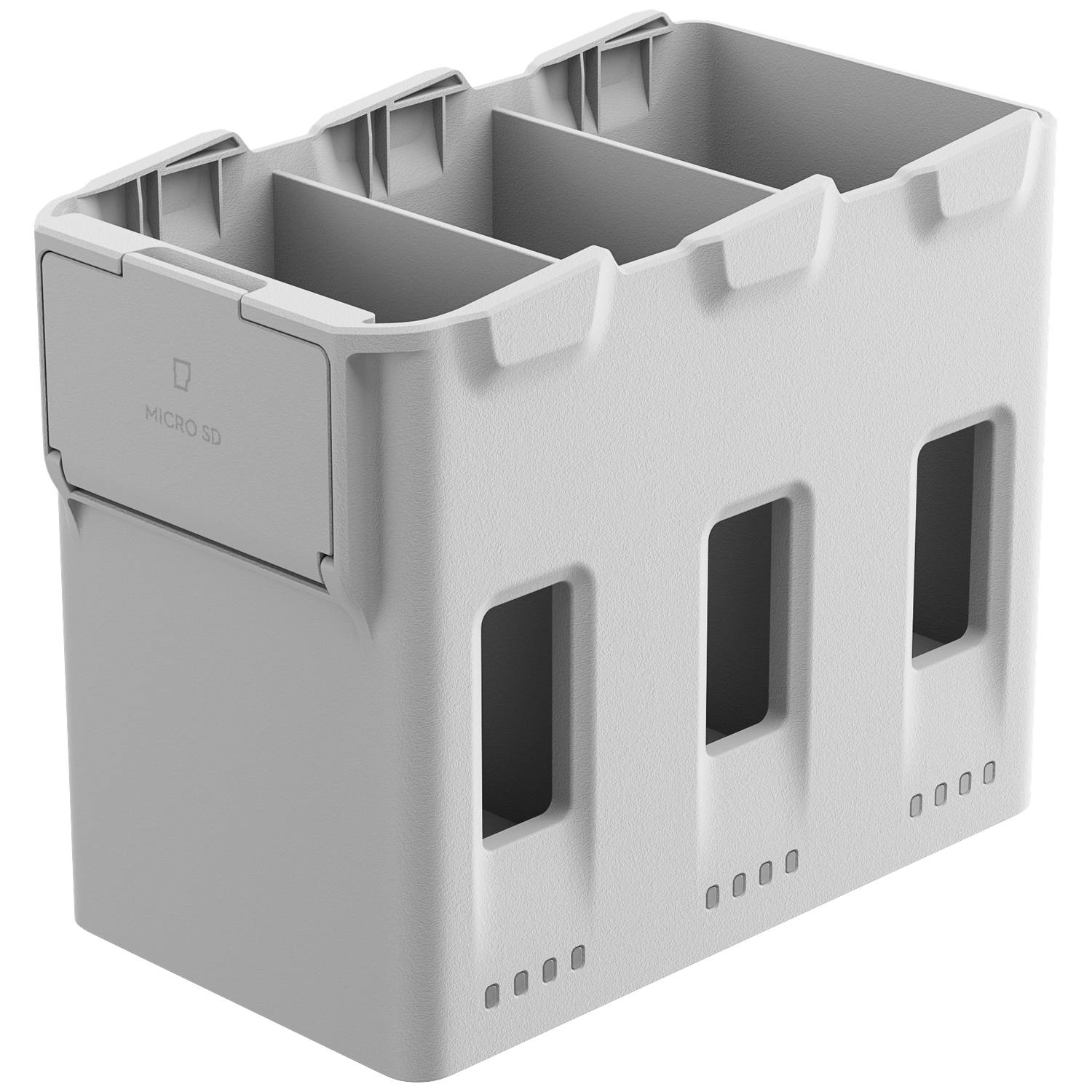 Een witte, rechthoekige container met drie compartimenten en een Micro SD-kaartsleuf.