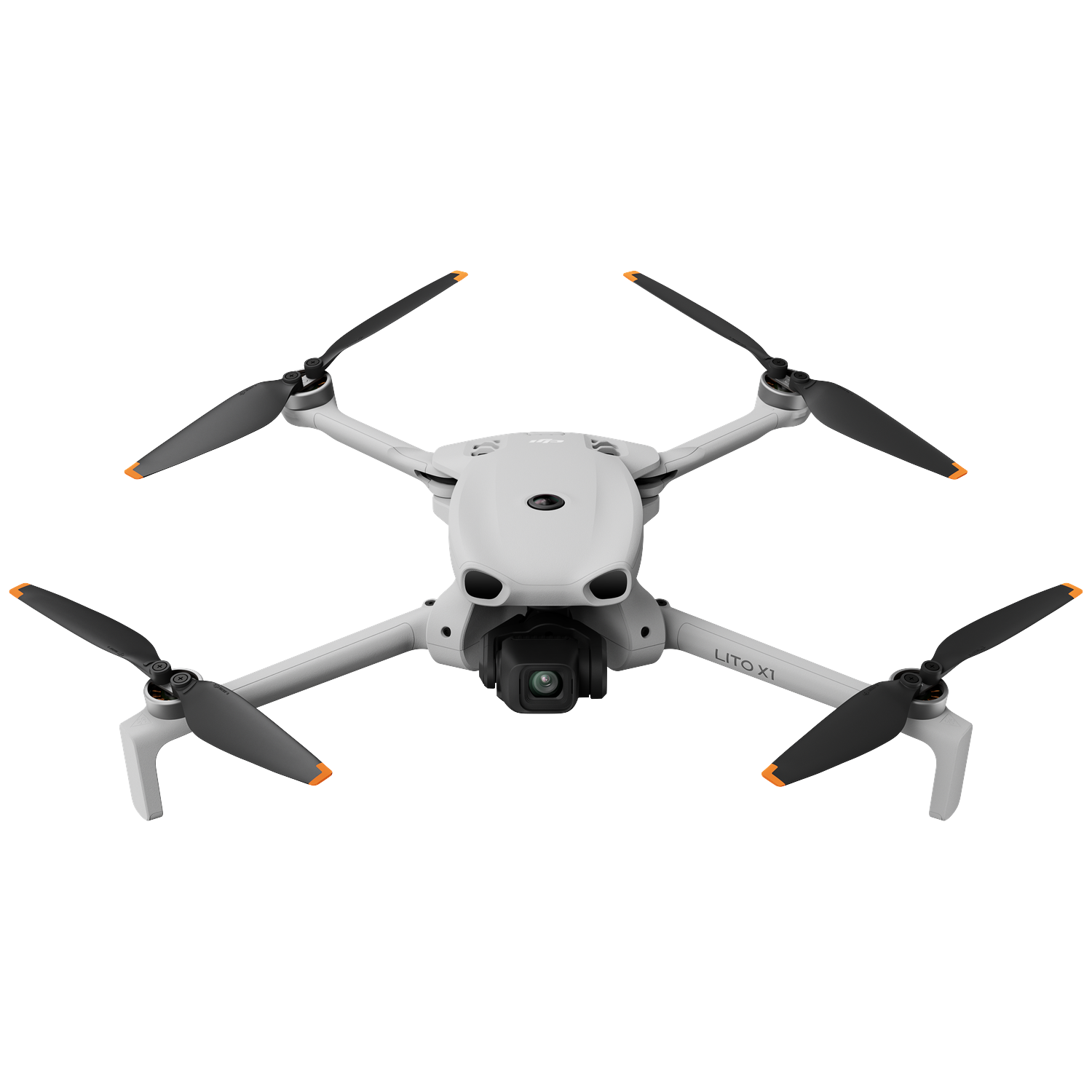 A light gray quadcopter with four black propellers featuring orange tips.