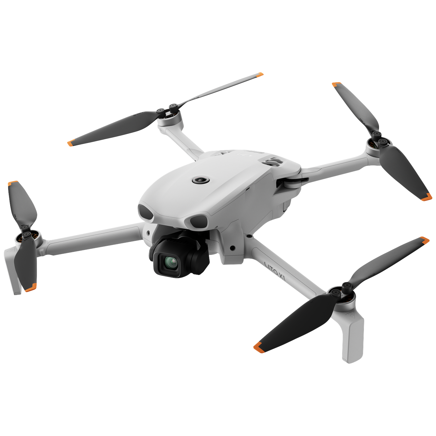A white quadcopter drone with a black camera and orange tips on its propellers.