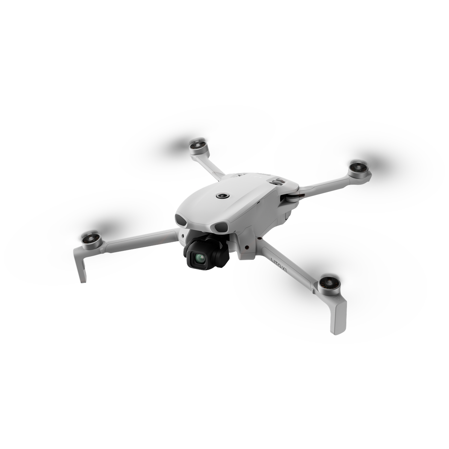 A white quadcopter drone with a camera is flying.