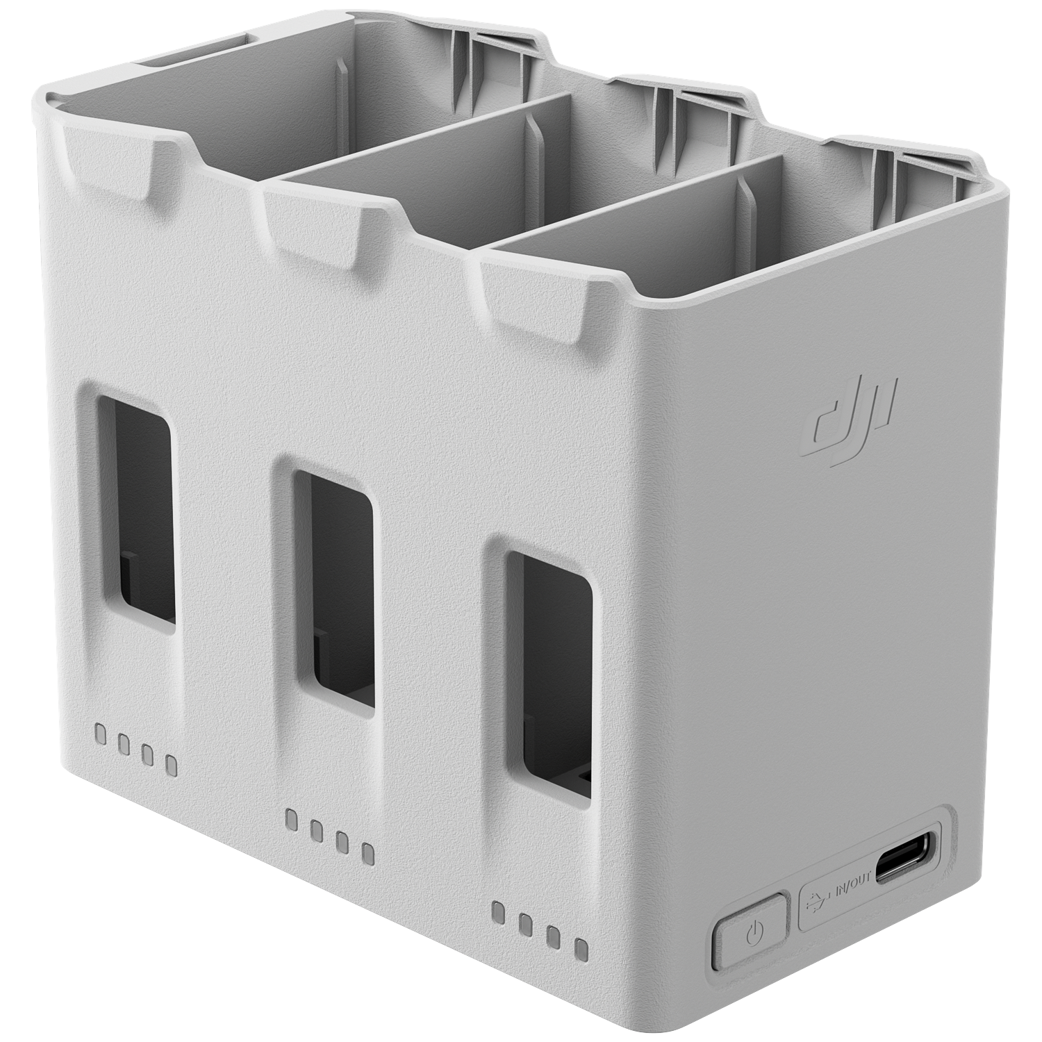Een witte batterijhub met drie sleuven, oplaadindicatoren en een USB-poort.