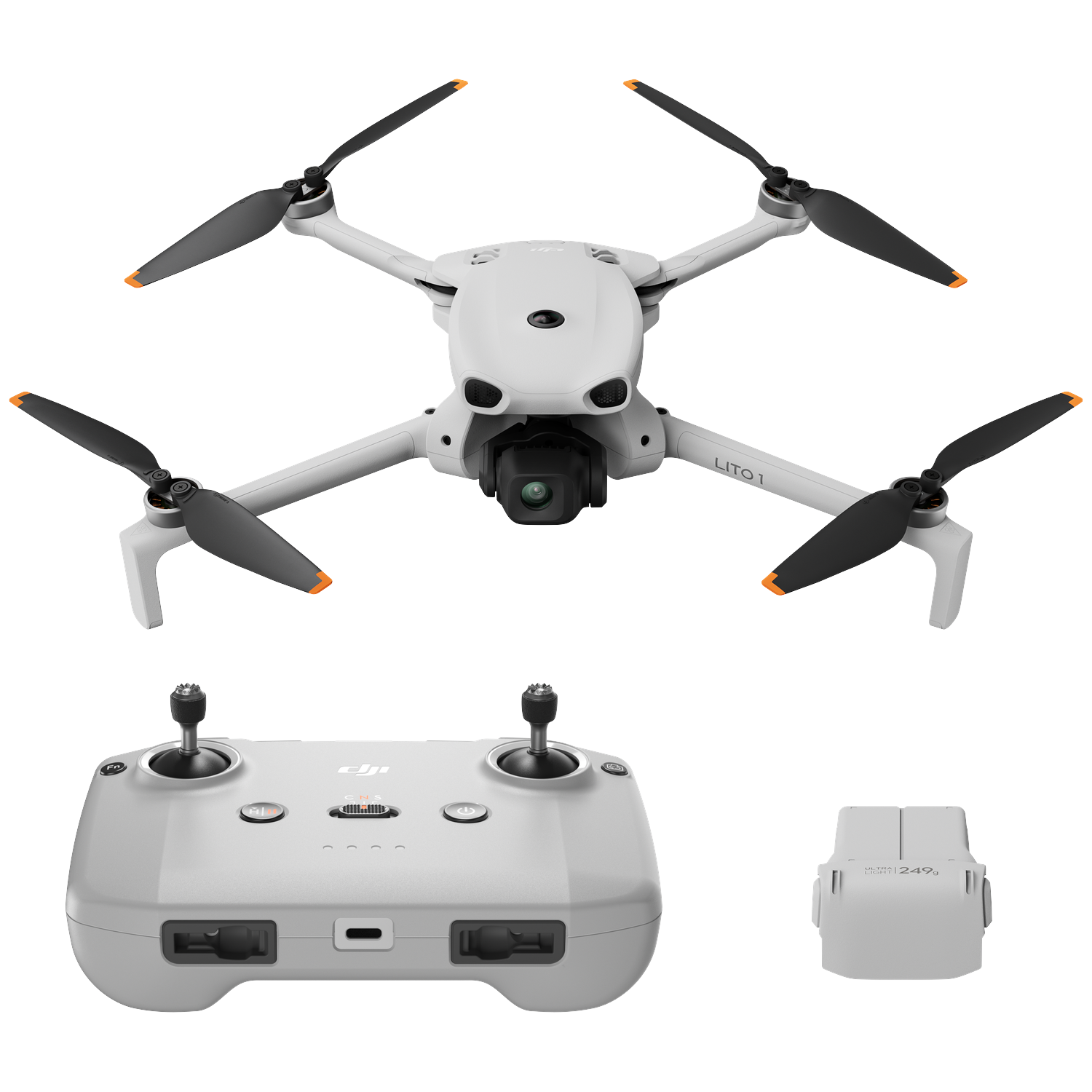 Een witte DJI drone met afstandsbediening en batterij op witte achtergrond.