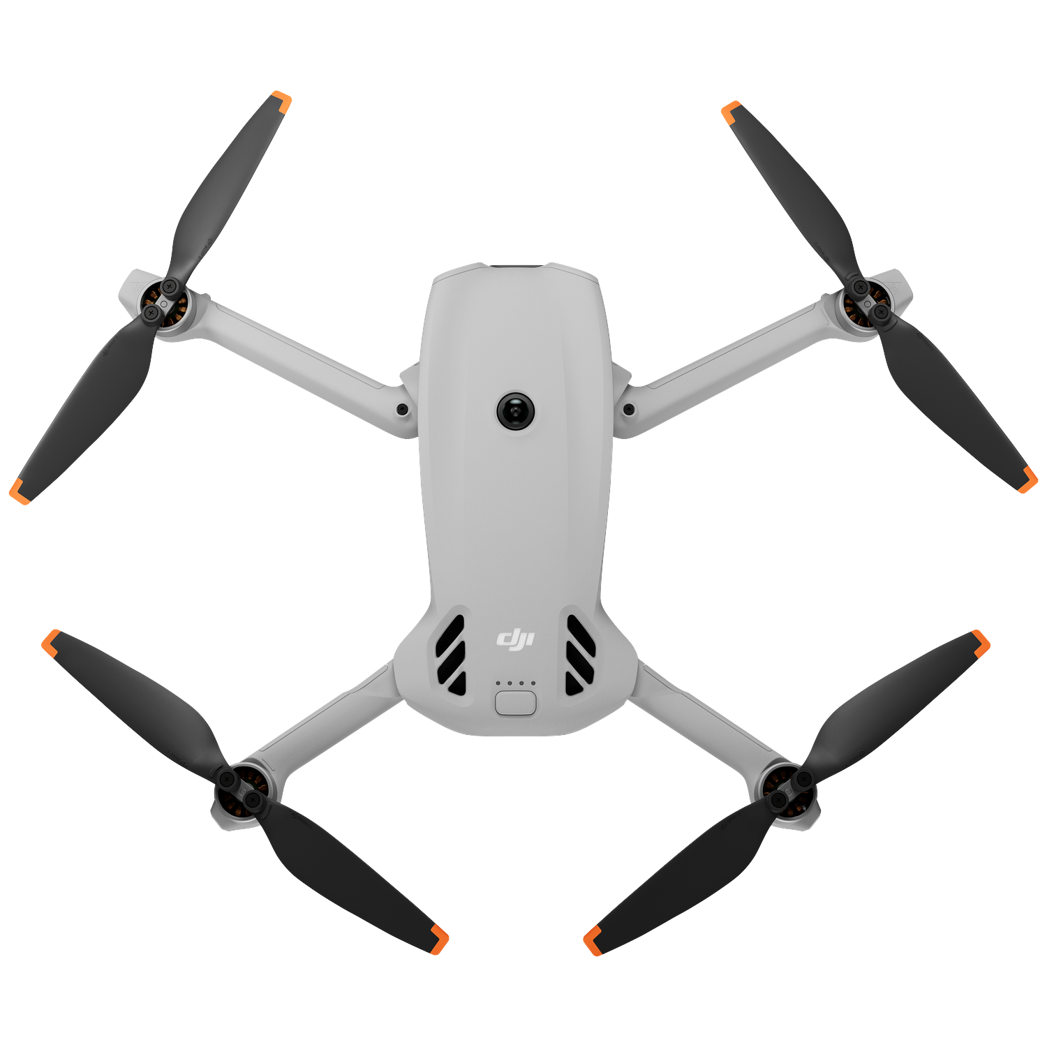 Een lichtgrijze DJI drone met zwarte propellers met oranje uiteinden wordt van bovenaf getoond.