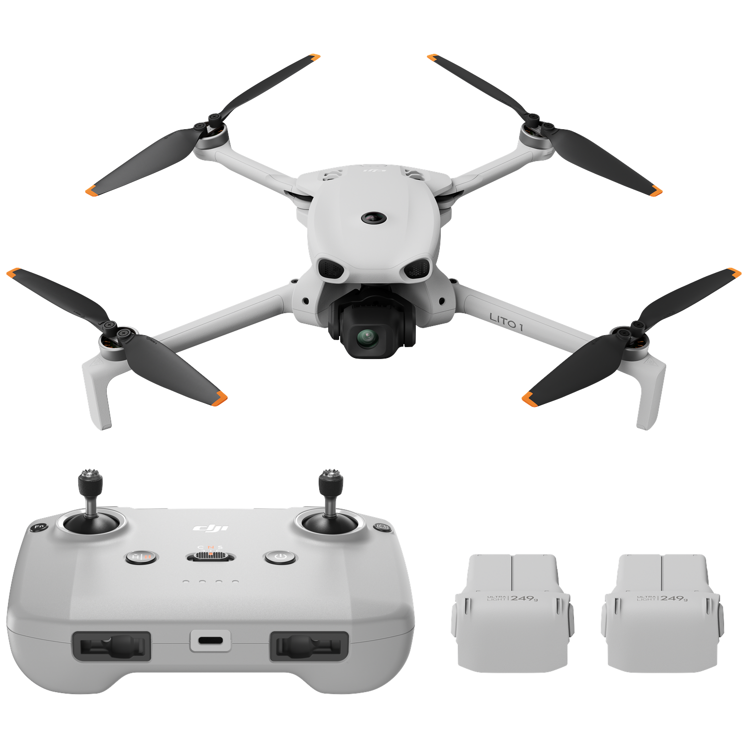 Een witte DJI Mini drone met controller en twee batterijen op witte achtergrond.