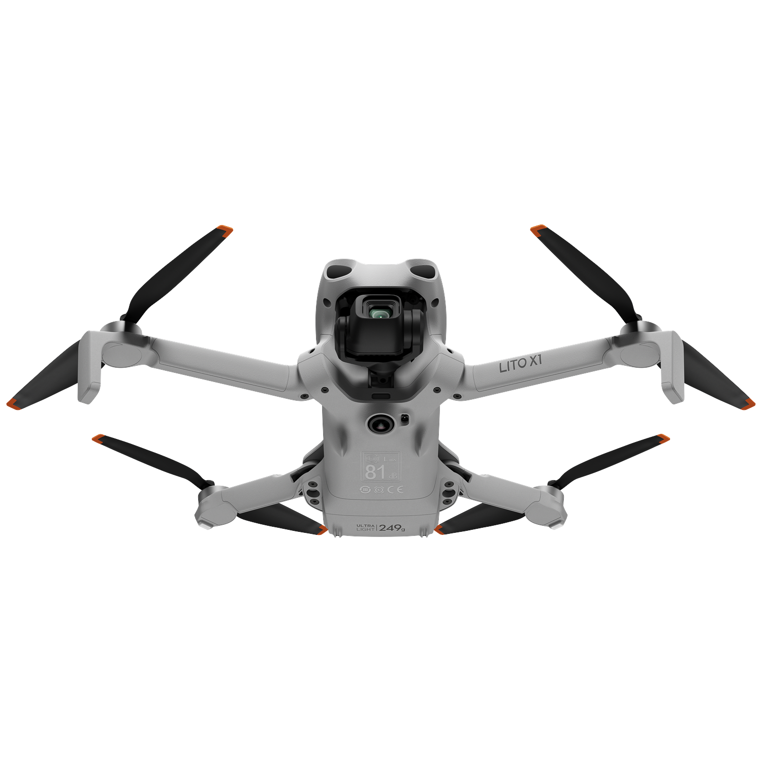 Een witte drone met zwarte propellers en oranje uiteinden, naar boven gericht.