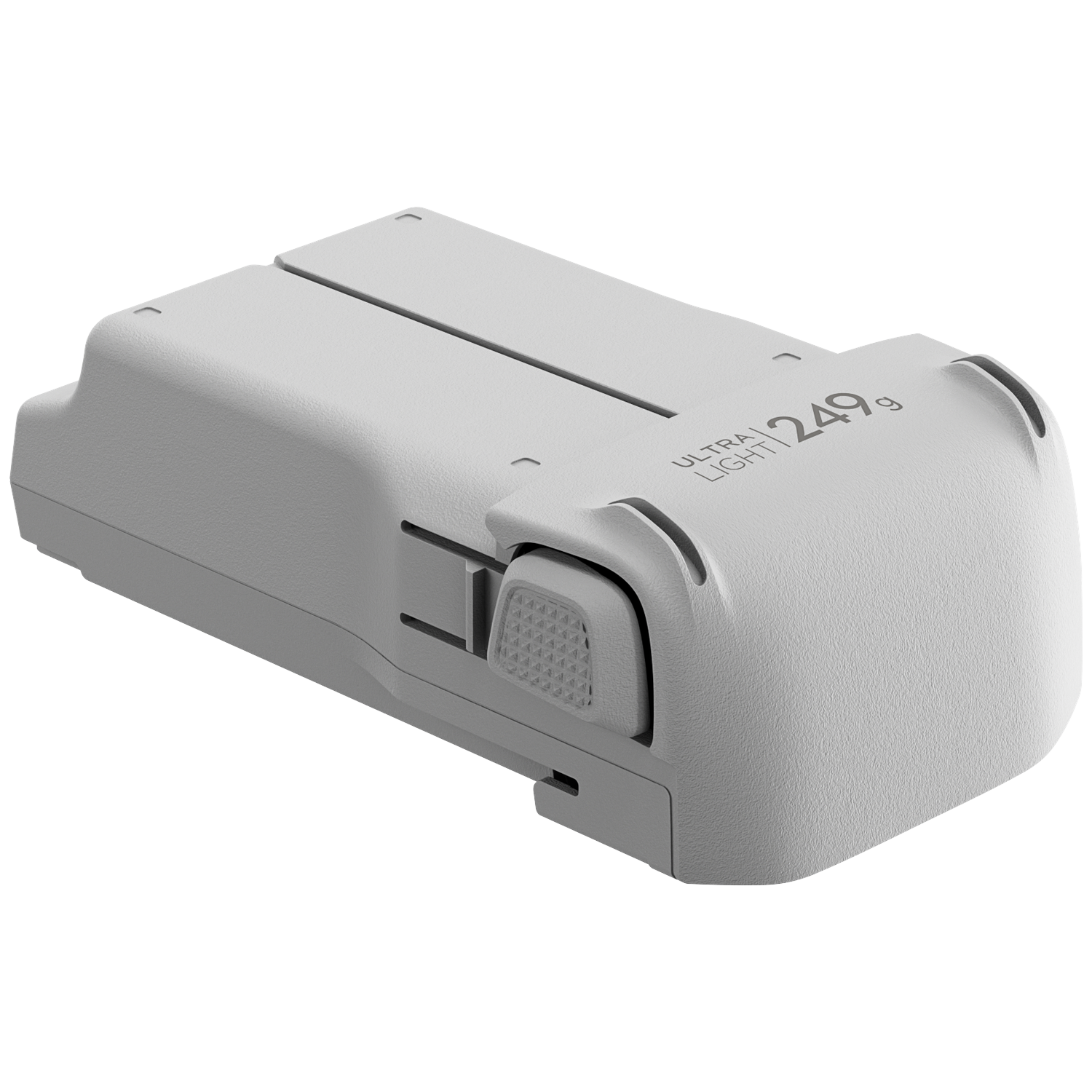 Grijze batterij met opschrift "ULTRA LIGHT 249g" tegen zwarte achtergrond.