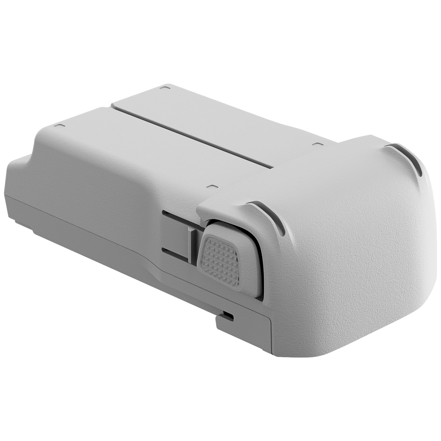 Een grijze batterij met groeven aan de bovenkant en een knop aan de zijkant.