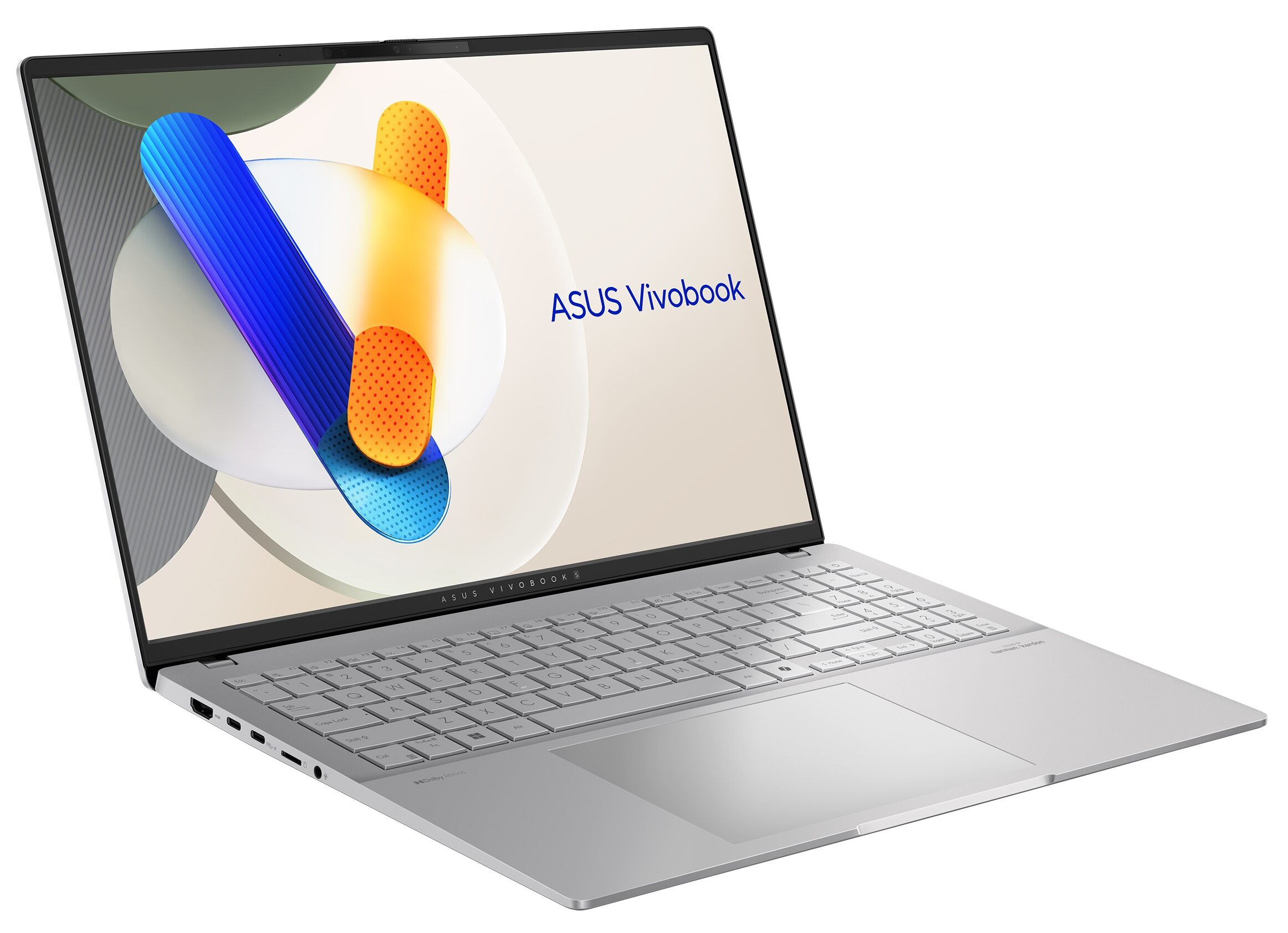 Egy ezüst ASUS Vivobook laptop nyitva, billentyűzet és érintőpad látható.