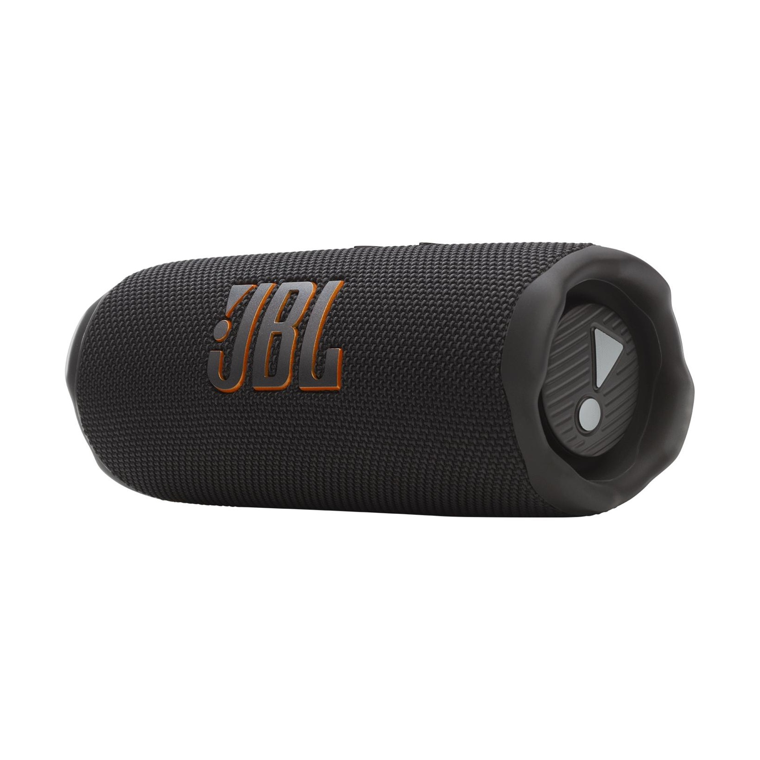 Altoparlante Bluetooth JBL nero con logo arancione, su sfondo bianco.