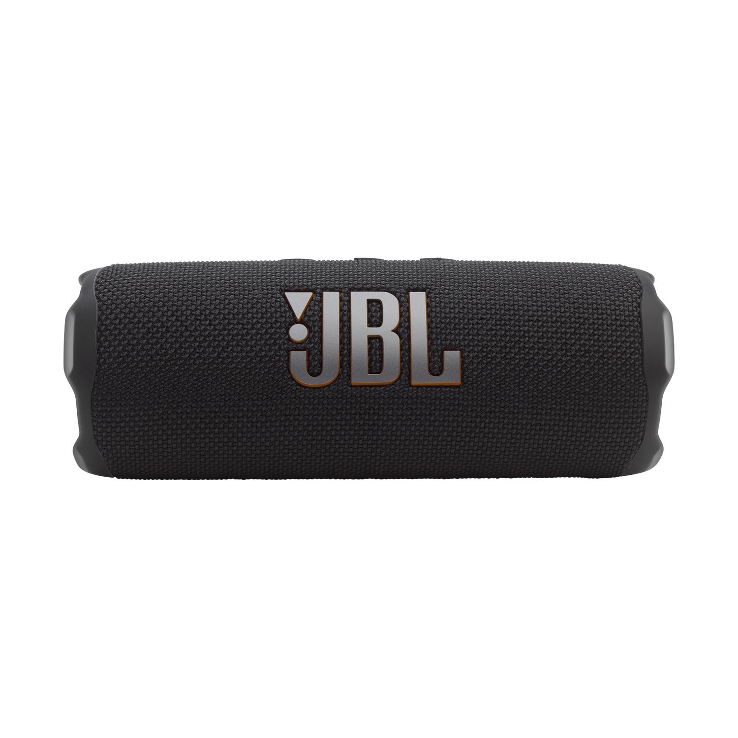 Altoparlante Bluetooth JBL nero con tessuto testurizzato e logo arancione.