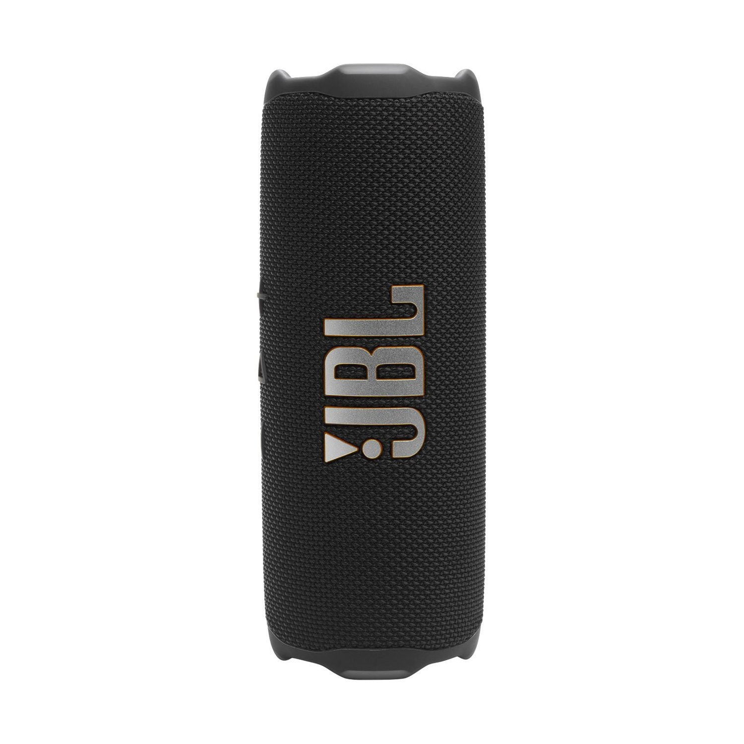 Altoparlante Bluetooth portatile JBL nero con logo dorato su sfondo bianco.