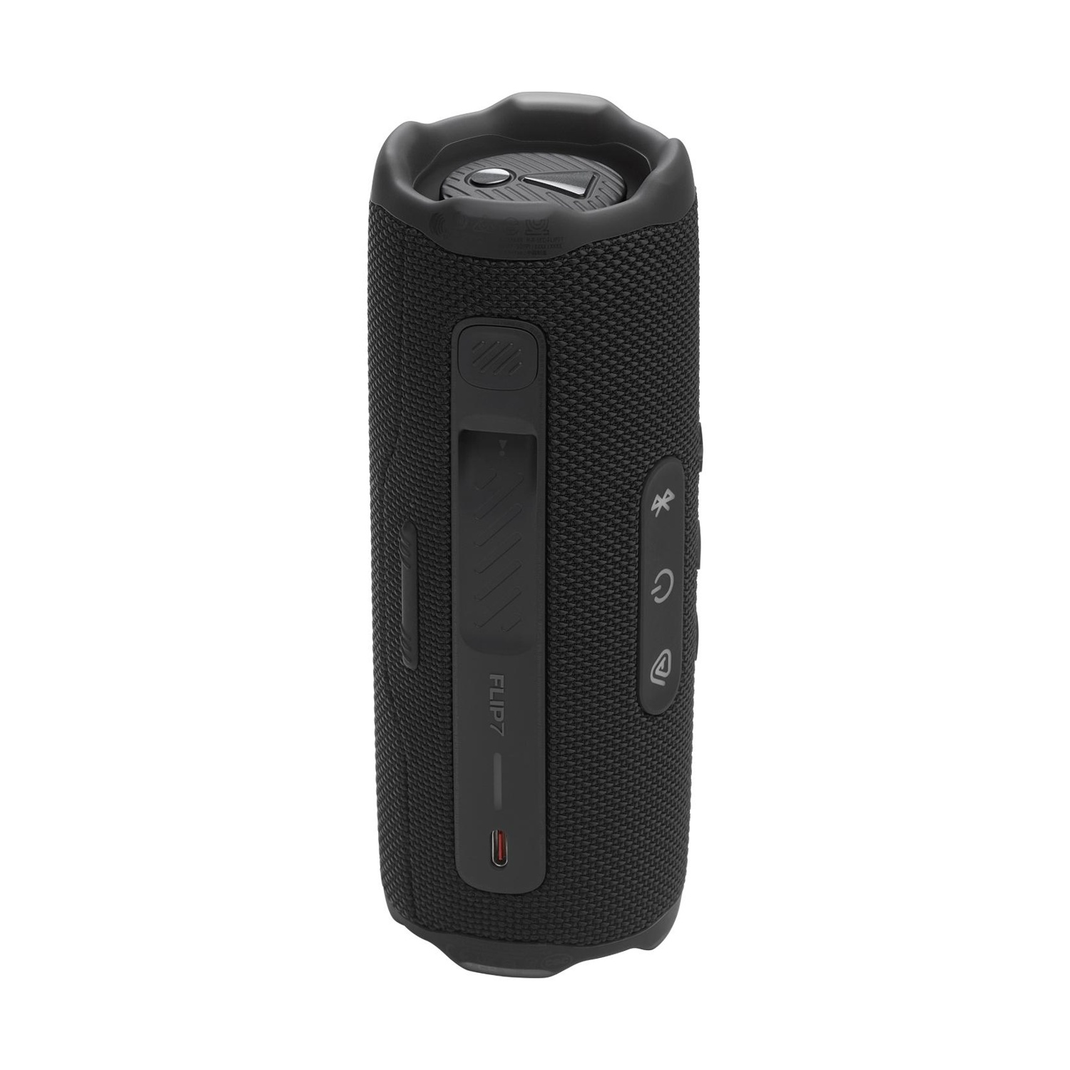 Altoparlante portatile nero con pulsanti di controllo e porta di ricarica.