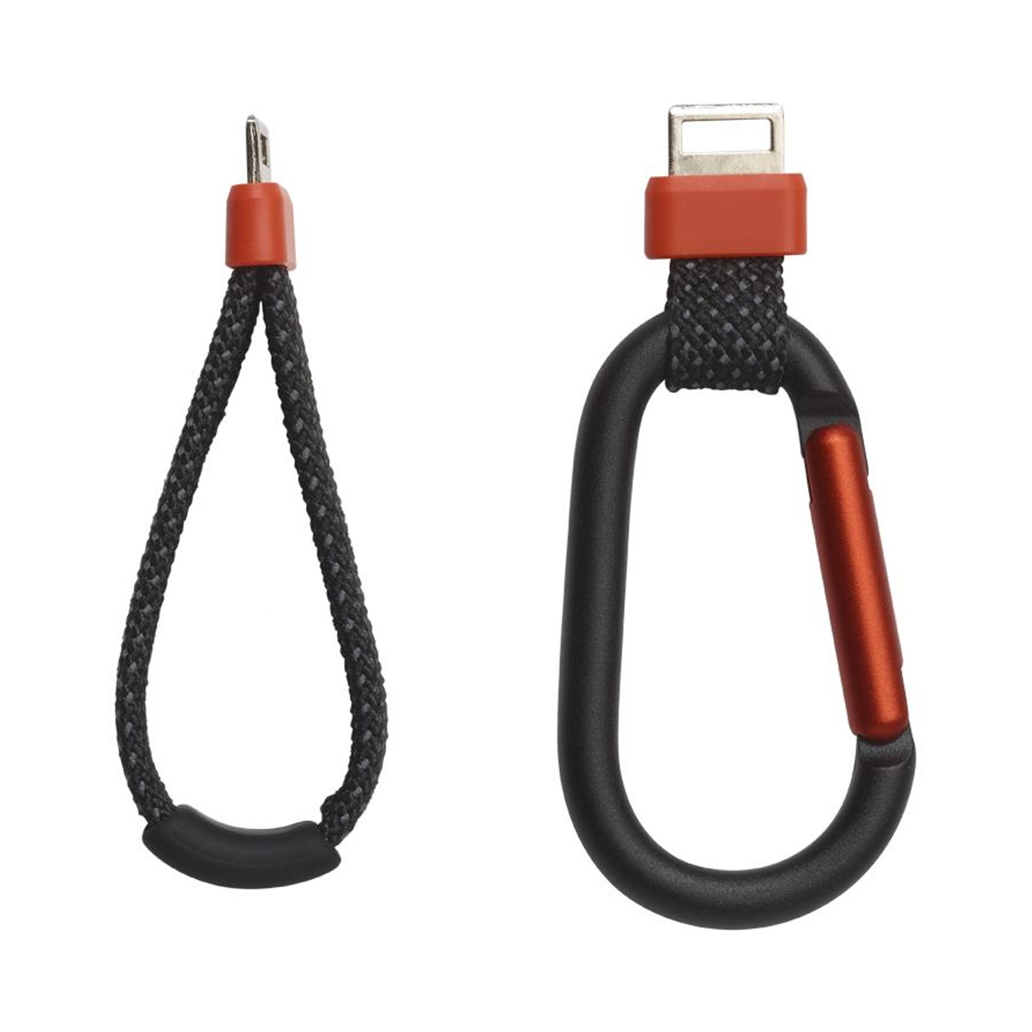 Due accessori: un cinturino nero intrecciato con connettore e un moschettone con cinturino nero.