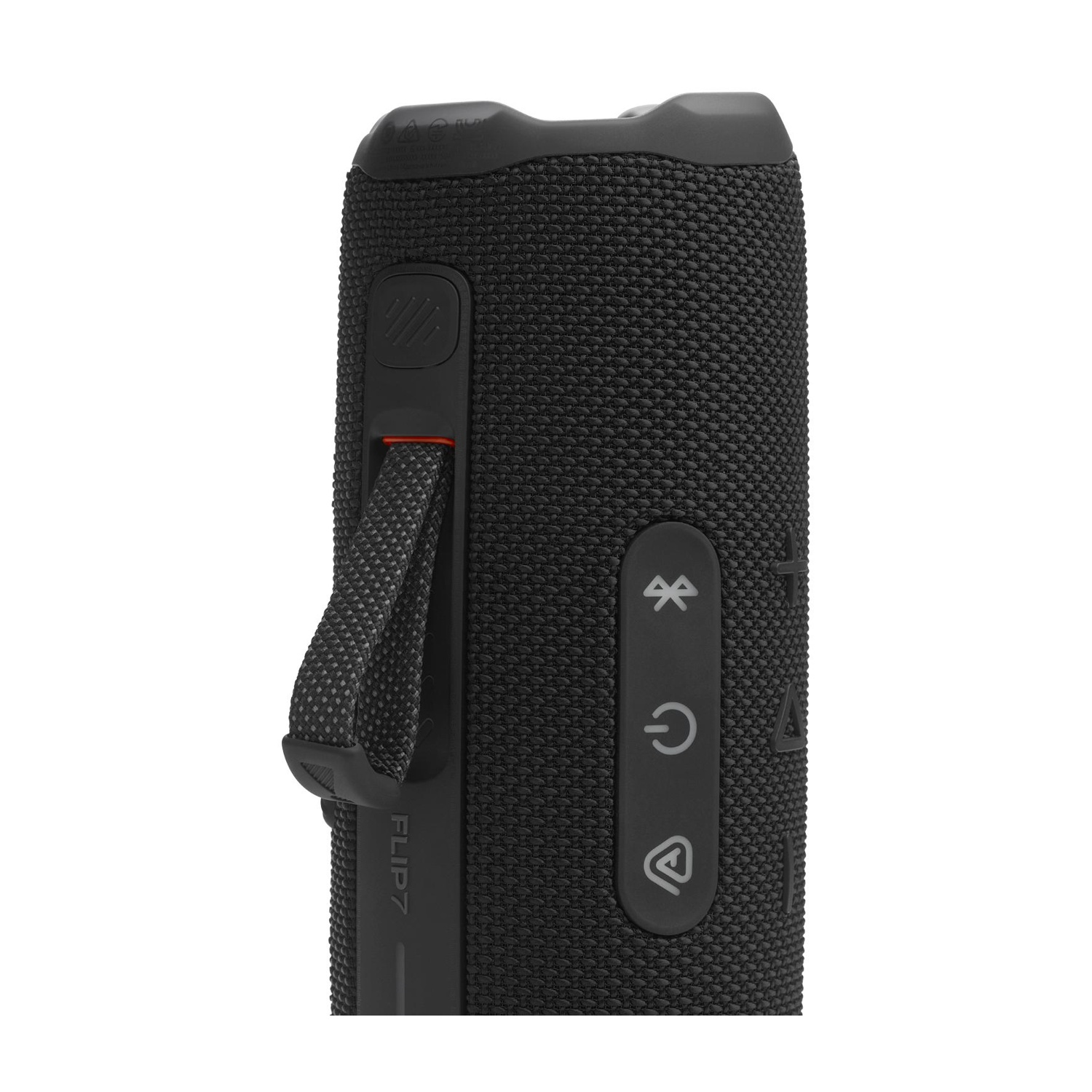 Altoparlante portatile nero con copertura in tessuto, cinghia e pulsanti di controllo.