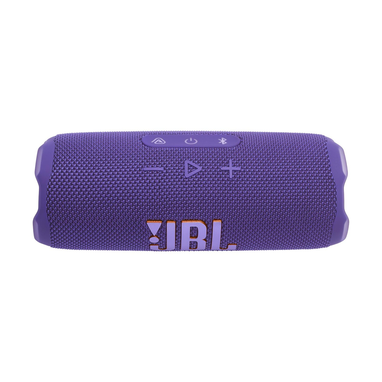 Altoparlante JBL viola con pulsante di accensione, icona Bluetooth e controlli volume.