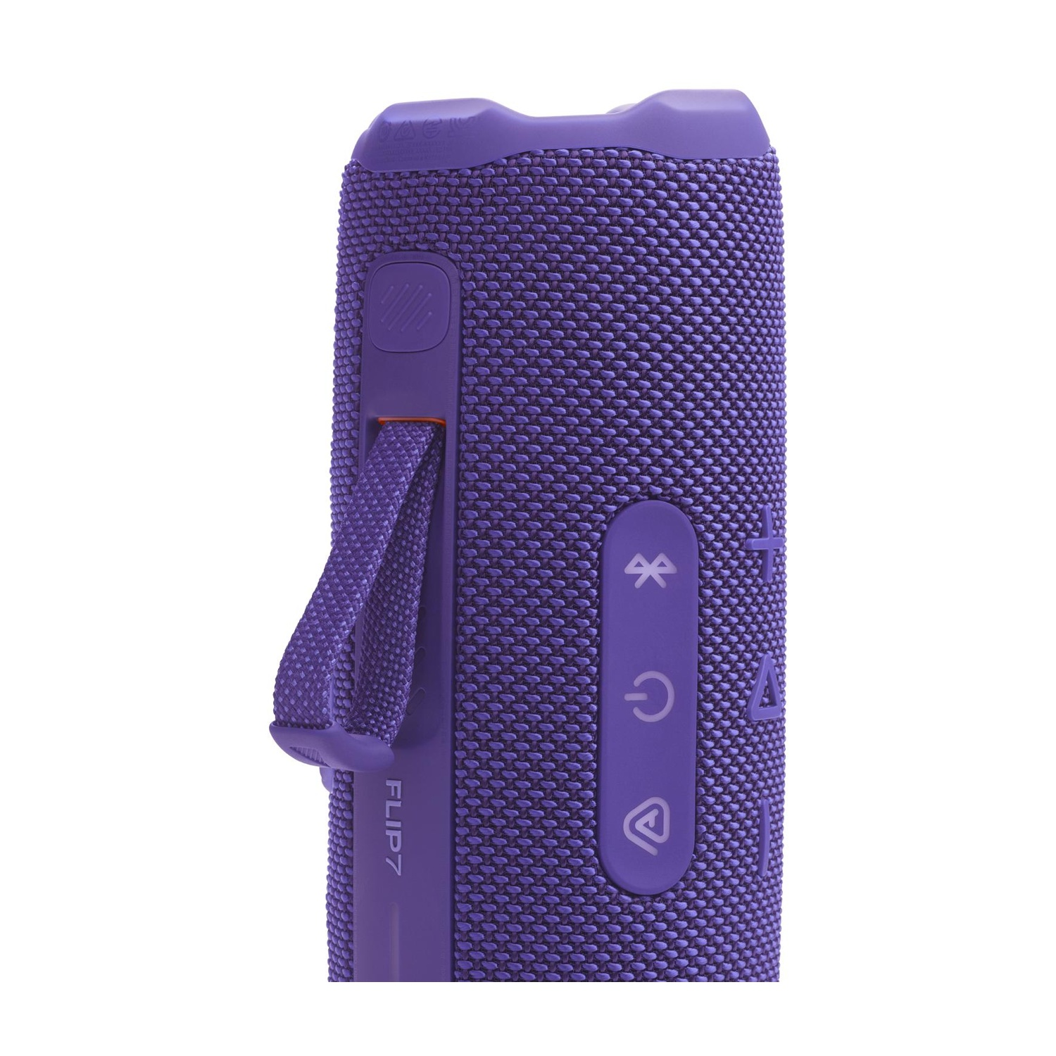 Altoparlante Bluetooth viola con cinturino e pulsanti di controllo.
