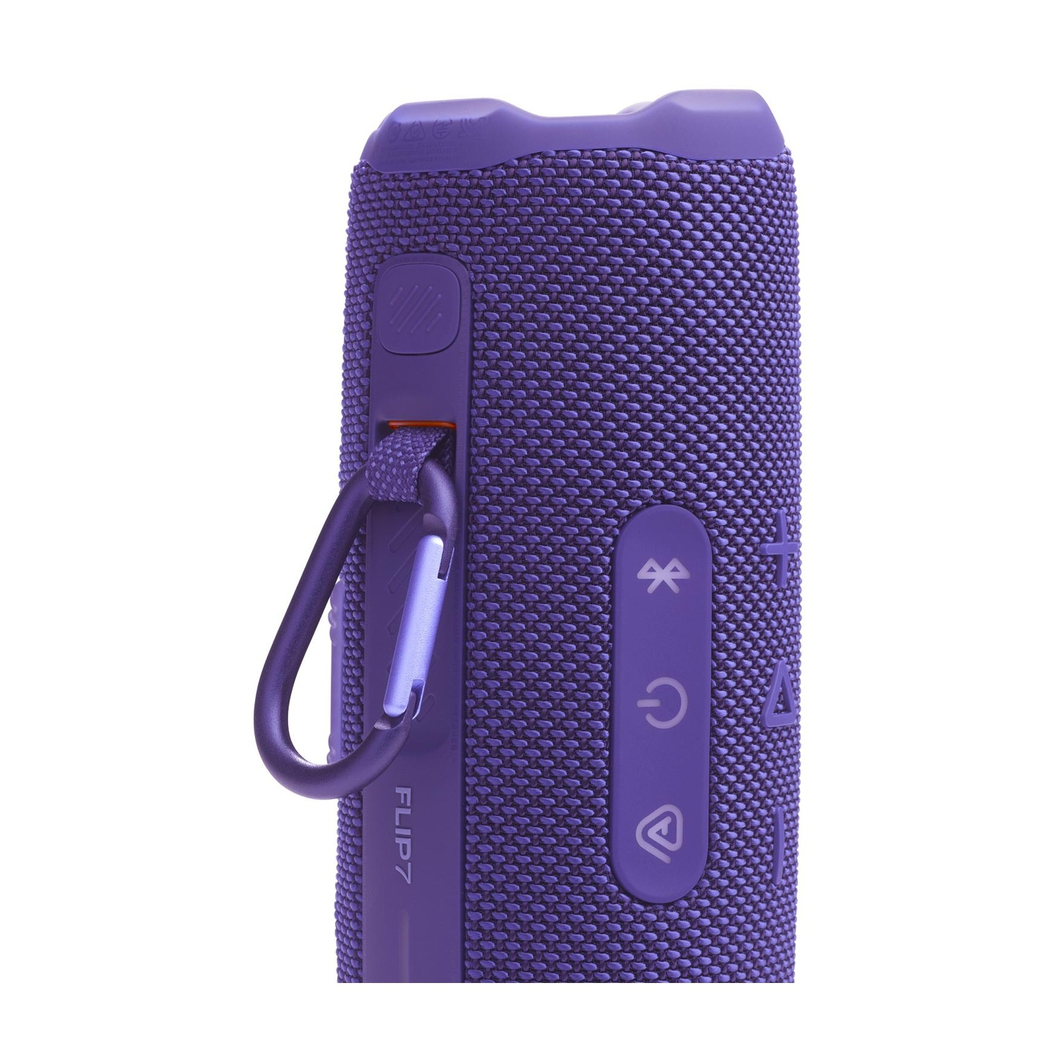 Altoparlante Bluetooth viola con moschettone e pulsanti su sfondo bianco.