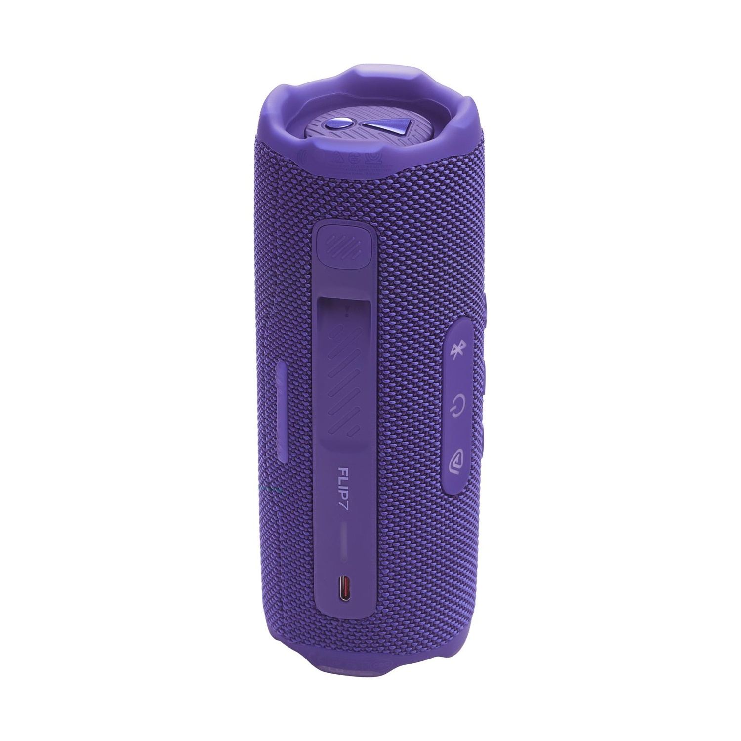 Altoparlante Bluetooth viola con controlli e porta di ricarica.