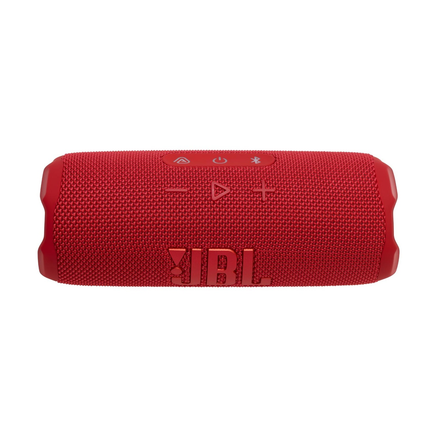 Altoparlante portatile JBL rosso con pulsanti sopra e logo JBL sul davanti.