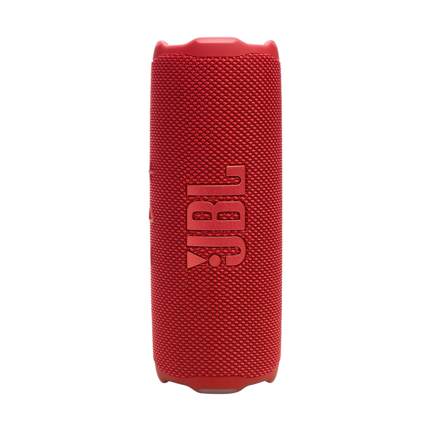 Altoparlante JBL rosso con copertura in tessuto e logo su sfondo bianco.