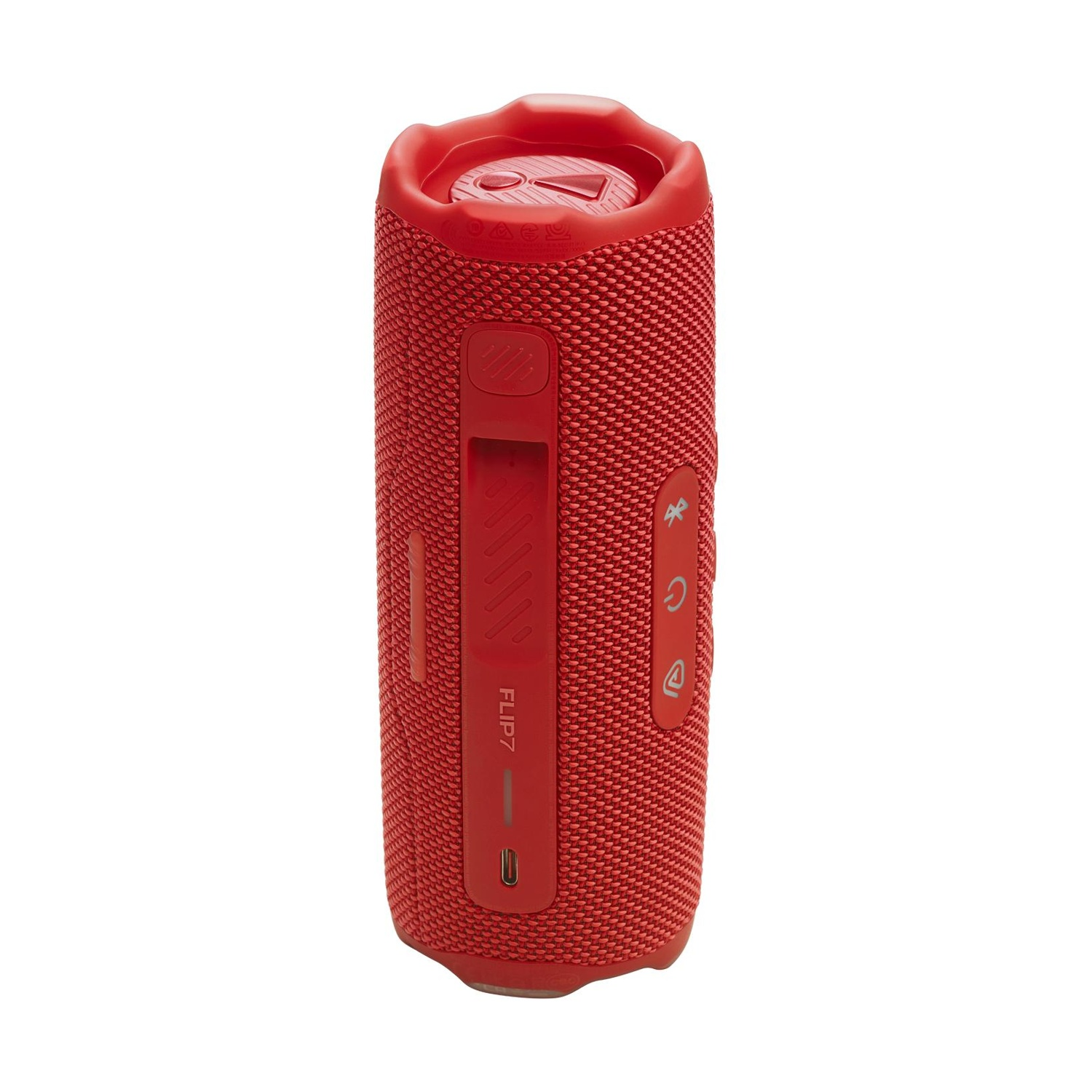 Altoparlante JBL Flip 7 rosso con pulsanti e porta di ricarica.