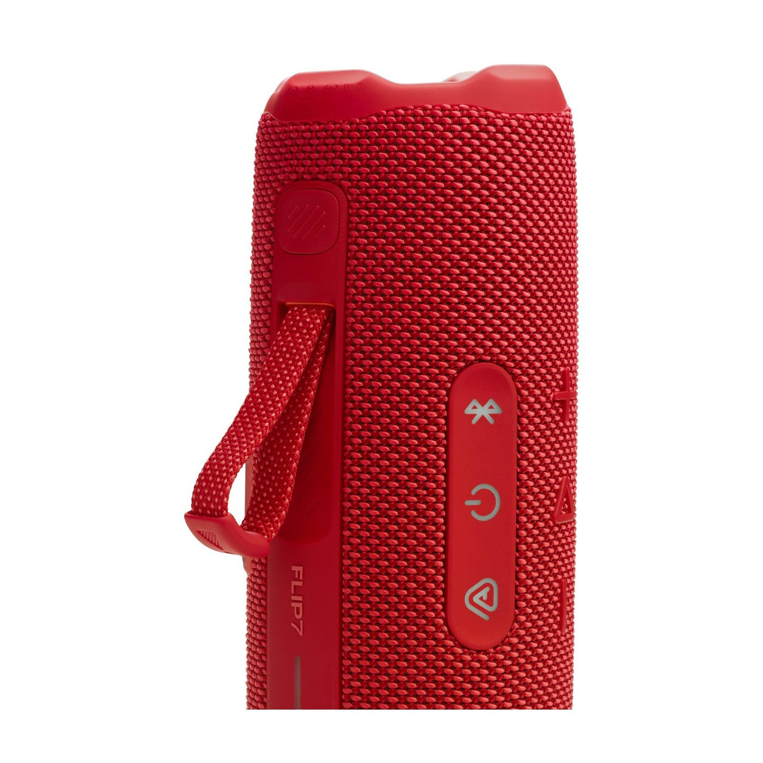 Altoparlante portatile rosso con controlli e laccetto, sfondo bianco.
