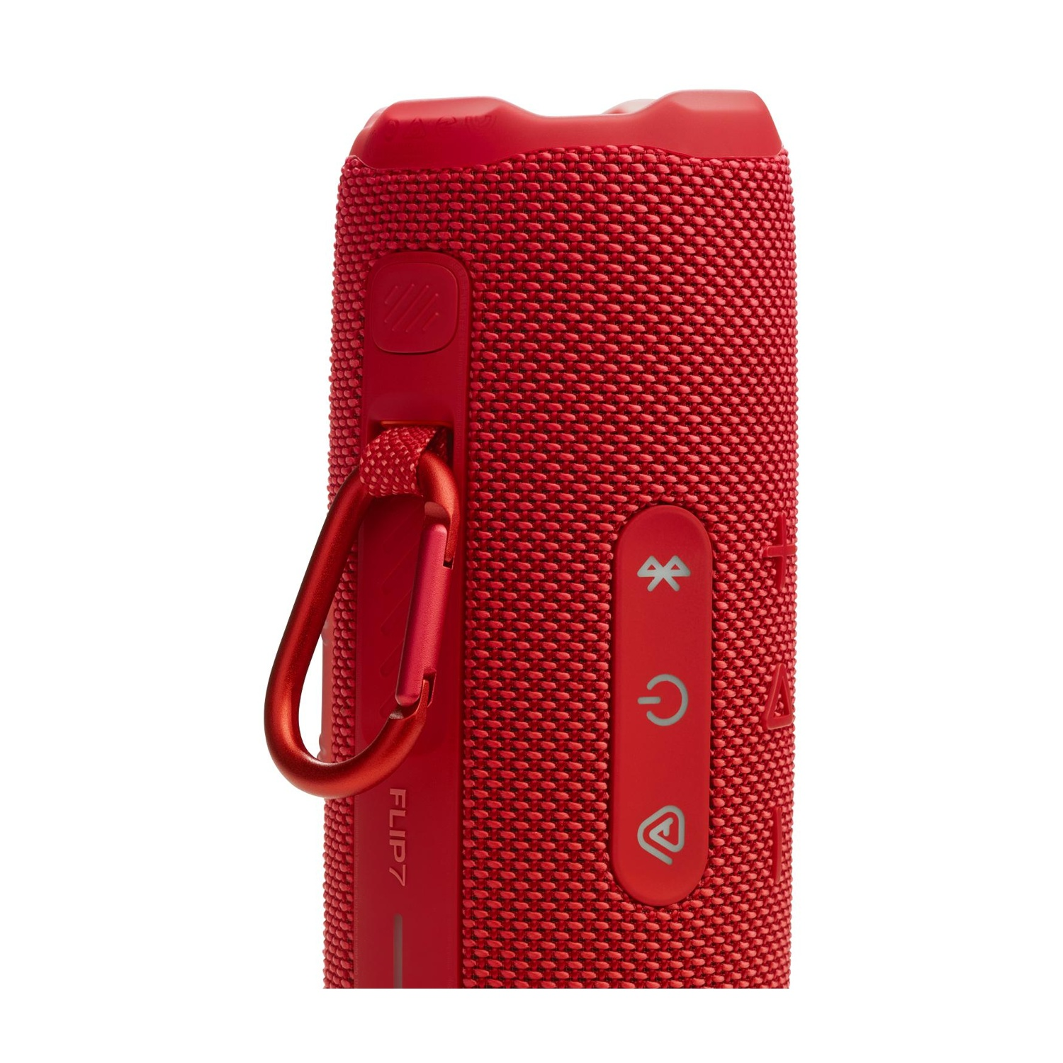 Altoparlante JBL Flip 7 rosso con moschettone e pulsanti di controllo.