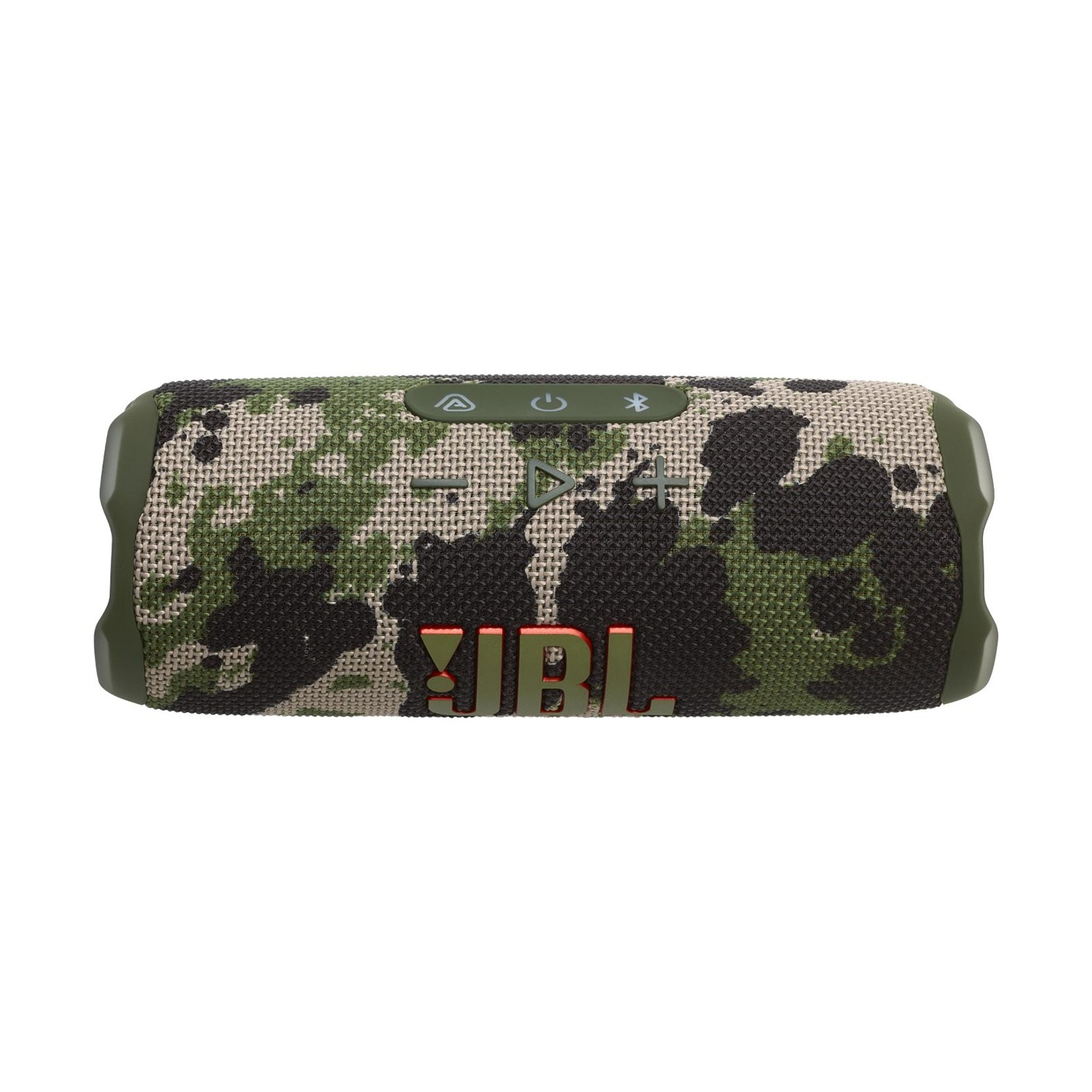 Altoparlante JBL con motivo mimetico e logo JBL rosso. Sfondo bianco.