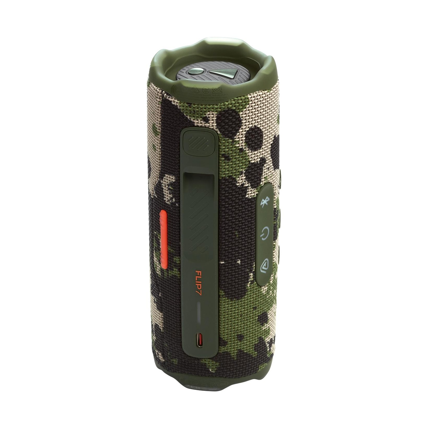 Altoparlante mimetico verde e beige con controlli e porta di ricarica.