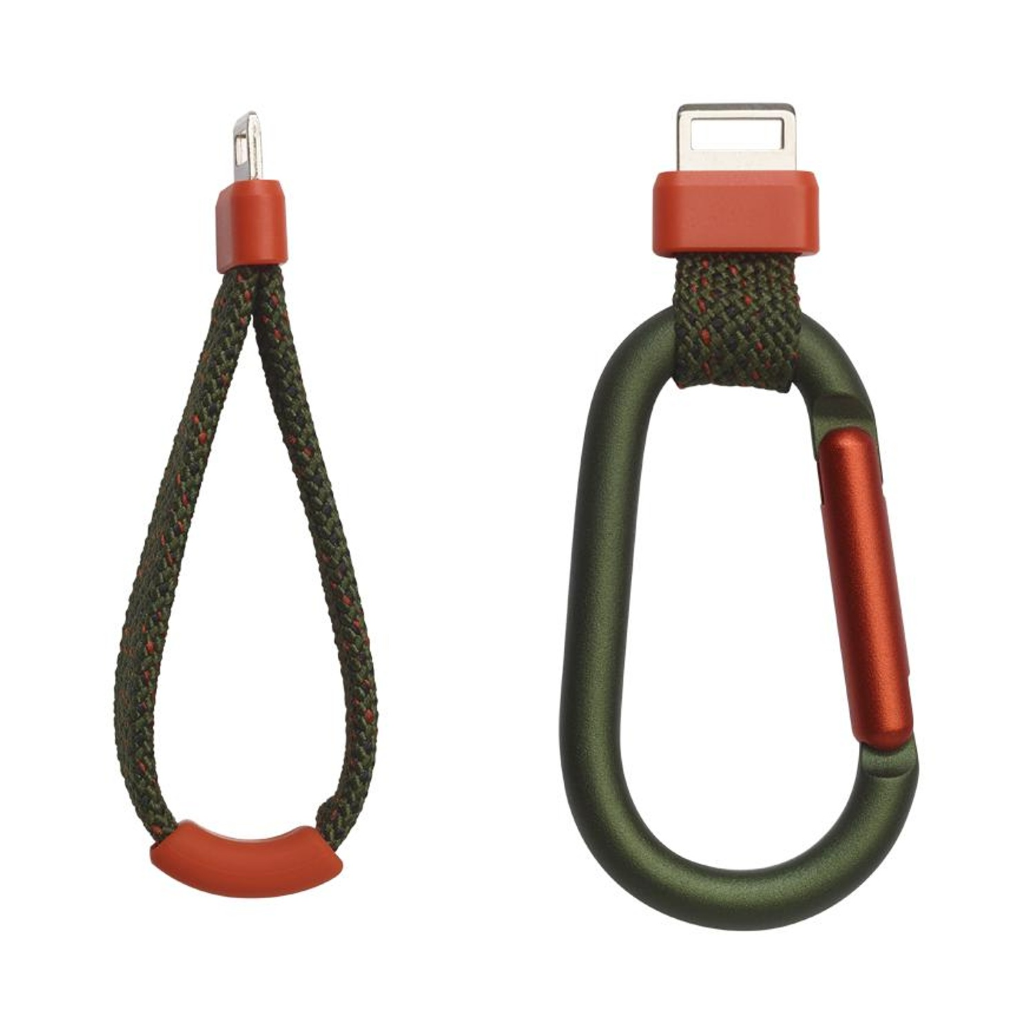 Due accessori: un cordino e un moschettone. Entrambi con accenti rossi.