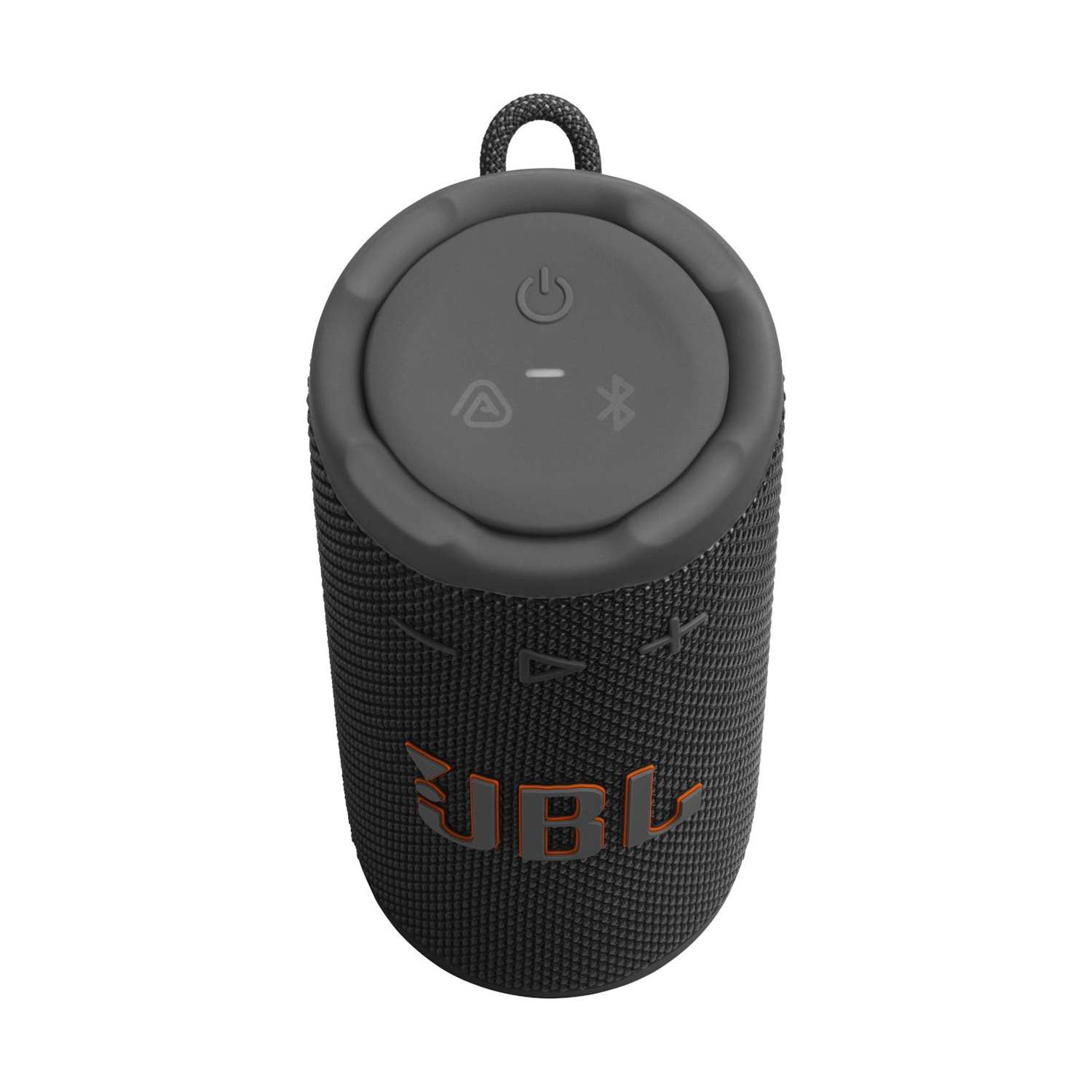 Altoparlante JBL portatile nero compatto con cinghia e pulsanti.