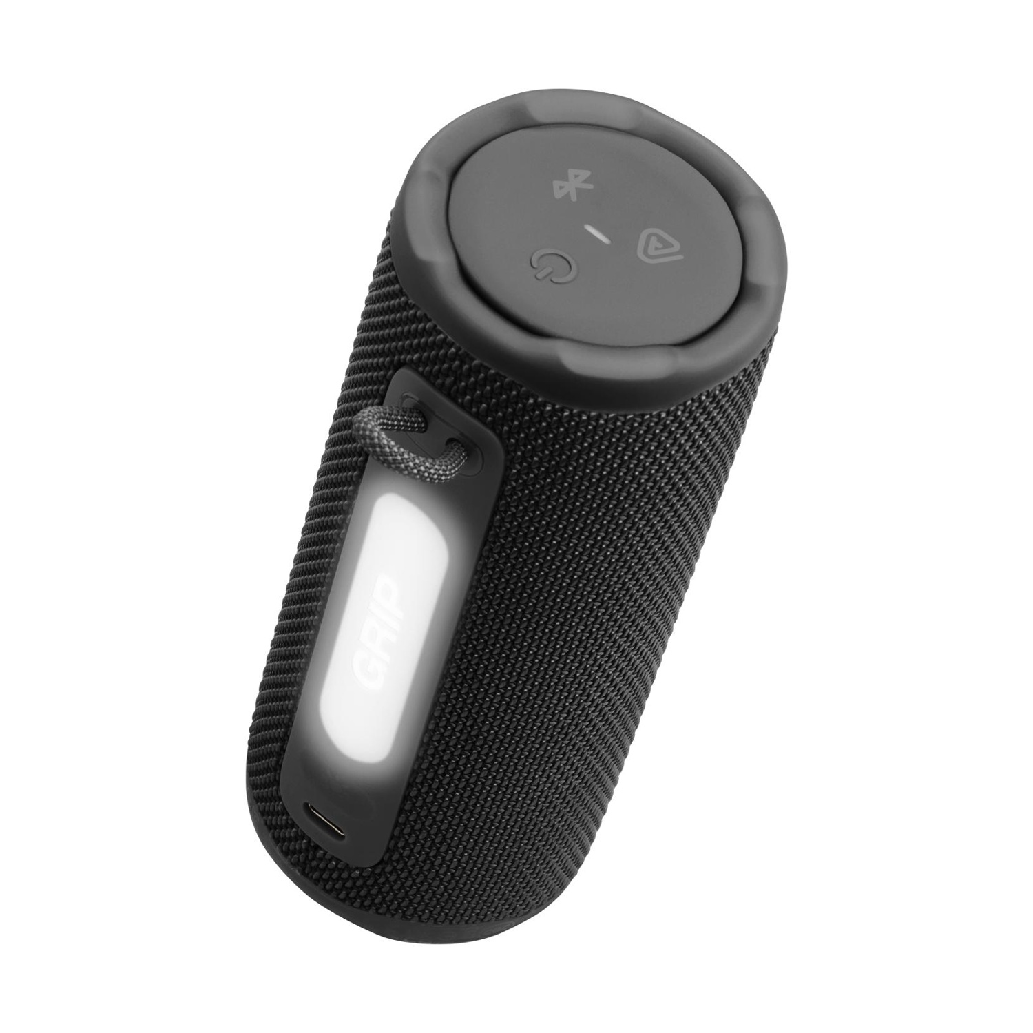Altoparlante Bluetooth cilindrico nero con controlli superiori e logo "GRIP" illuminato.