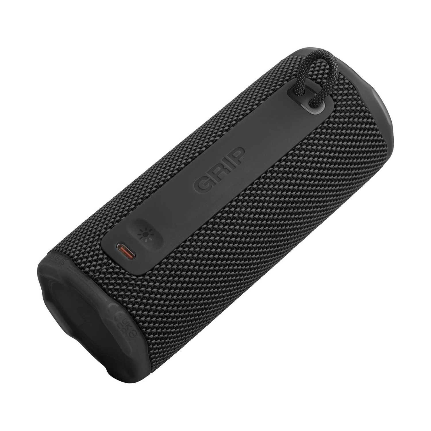 Altoparlante portatile nero con rete in tessuto e cinghia antiscivolo in gomma. Porta USB-C visibile.
